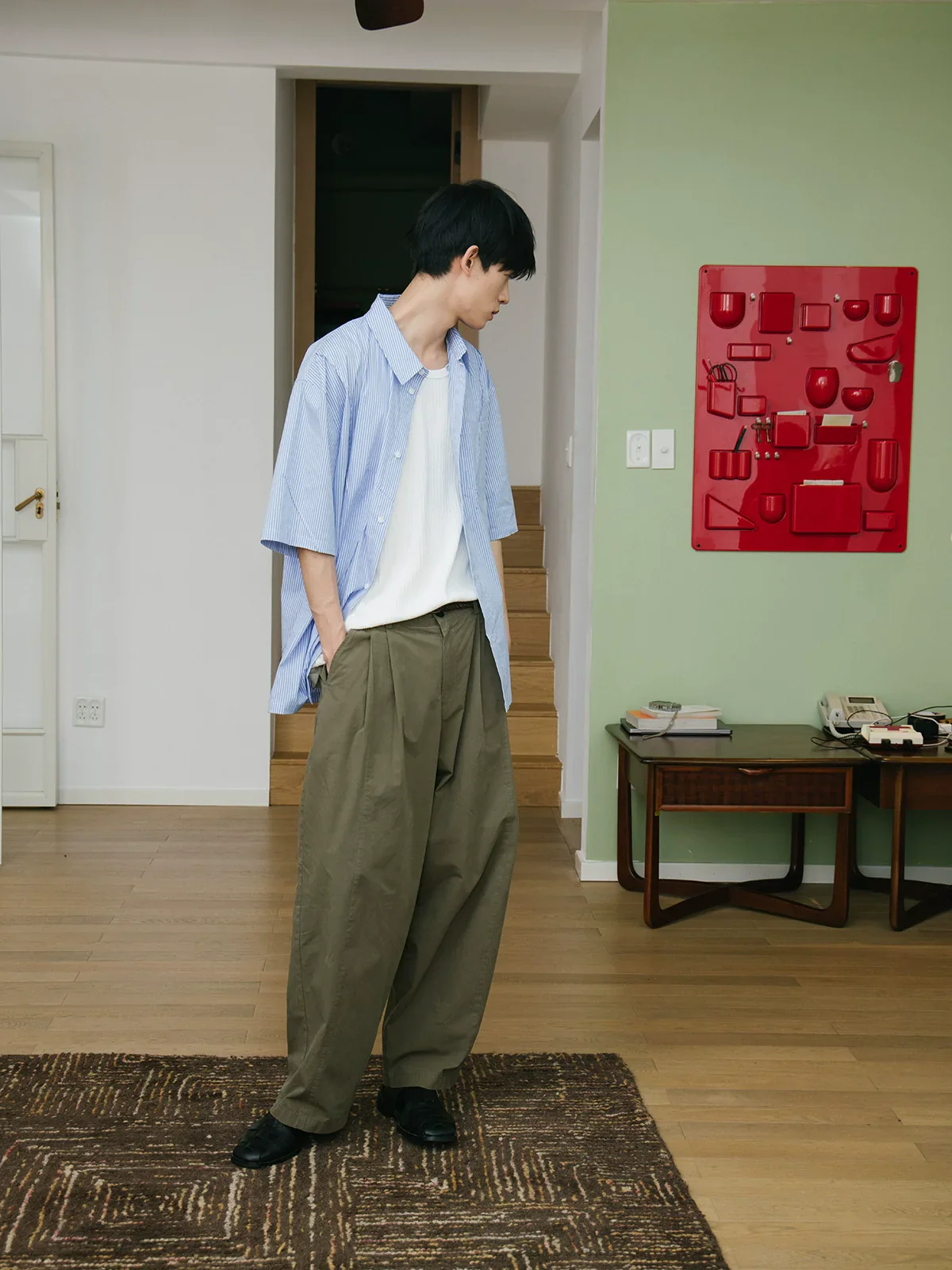 Blue Pinstripe Panel Short-Sleeve Shirt - Image 3
