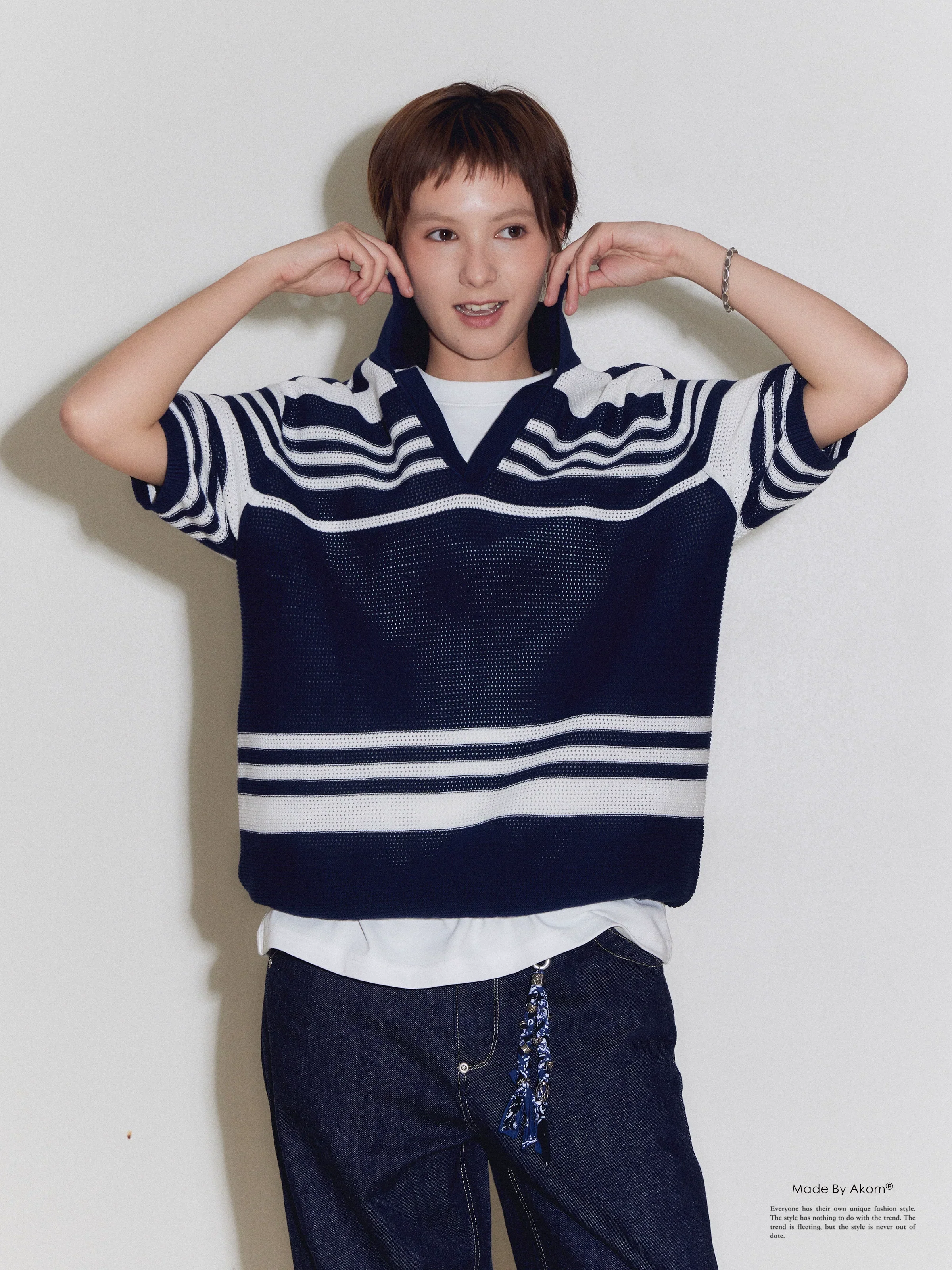 Blue Striped Cotton Polo Sweater - Image 3