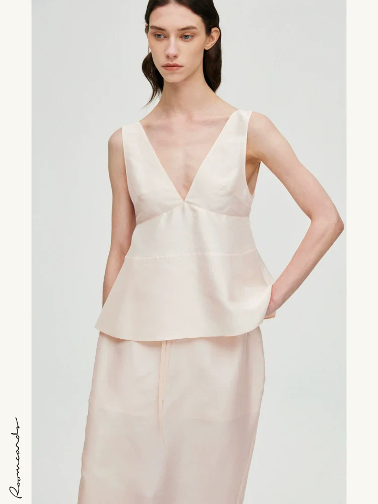 Blush Silk V-Neck Peplum Top
