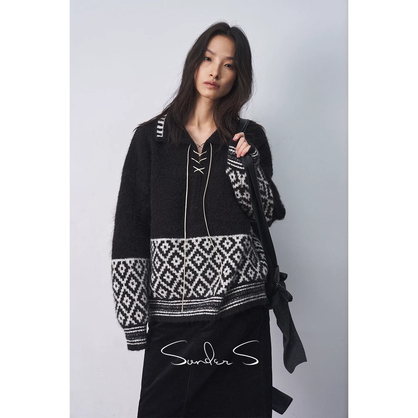 Bouclé Fair Isle Lace-Up Sweater - Image 3