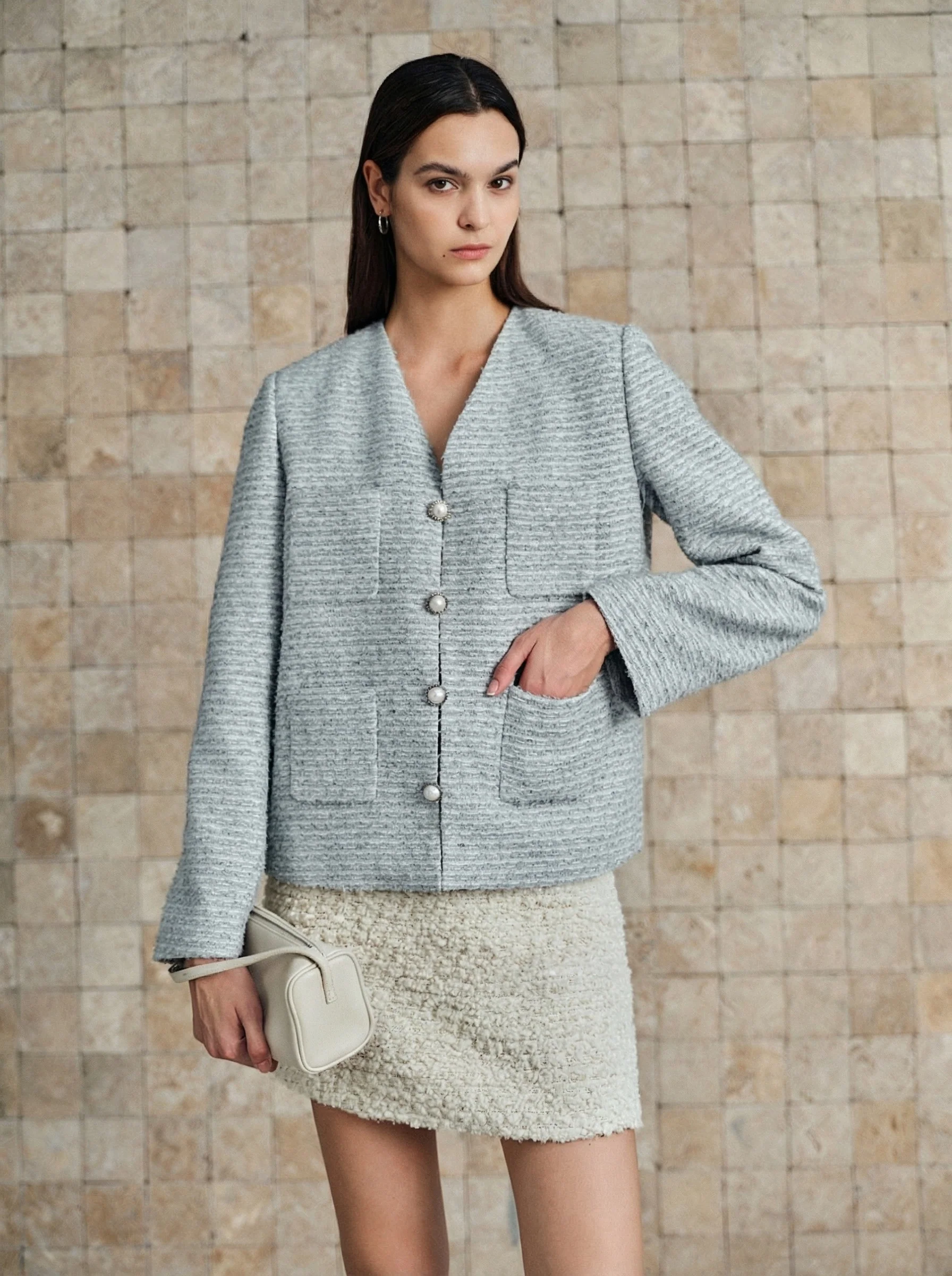 Bouclé V‑Neck Boxy Jacket - Image 2