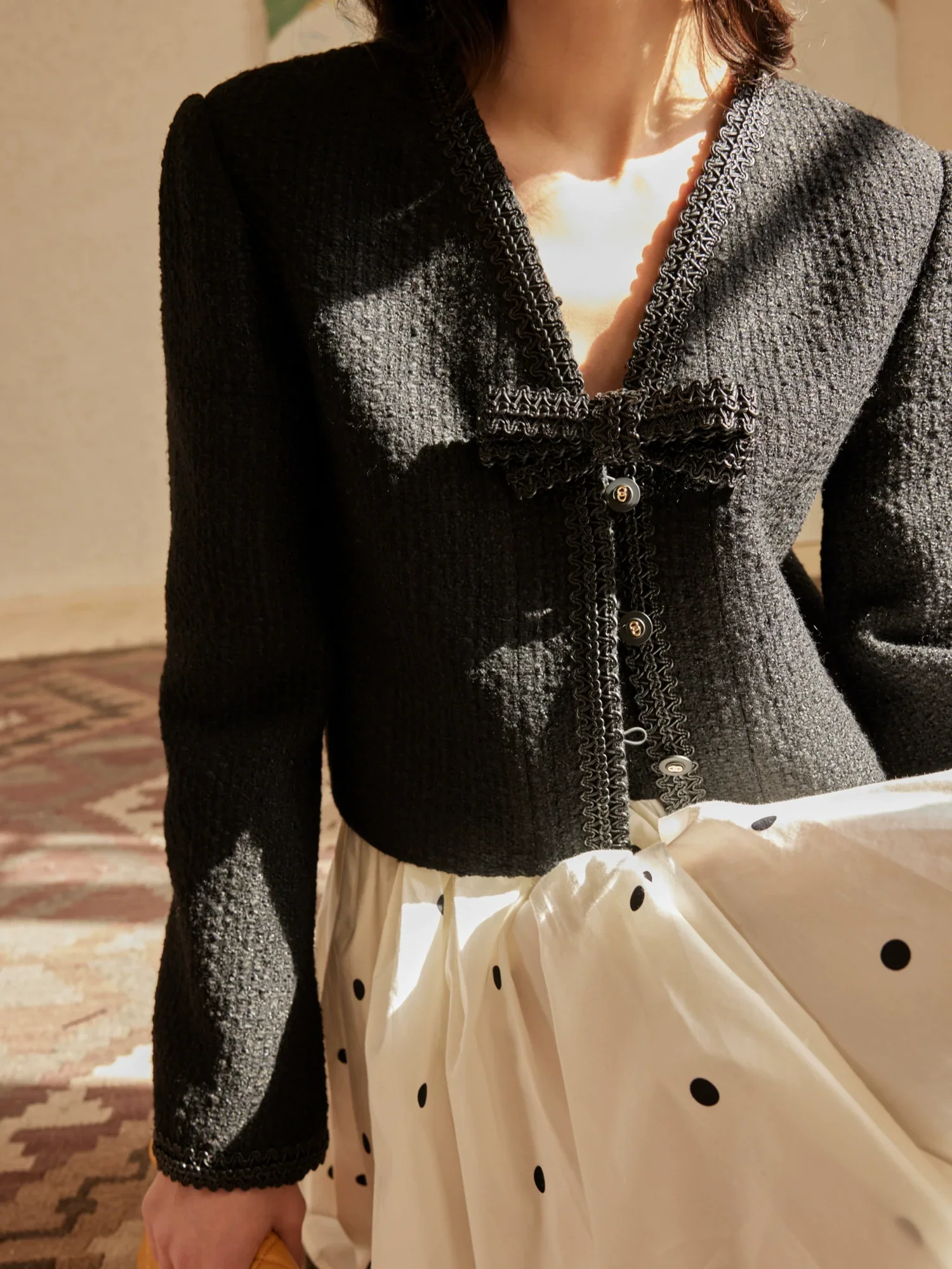 Bow-Trim V-Neck Tweed Jacket - Image 2