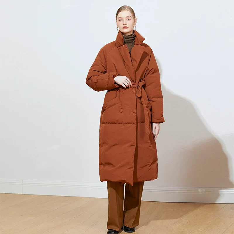 Brown High-Collar Belted Down Coat - Image 2