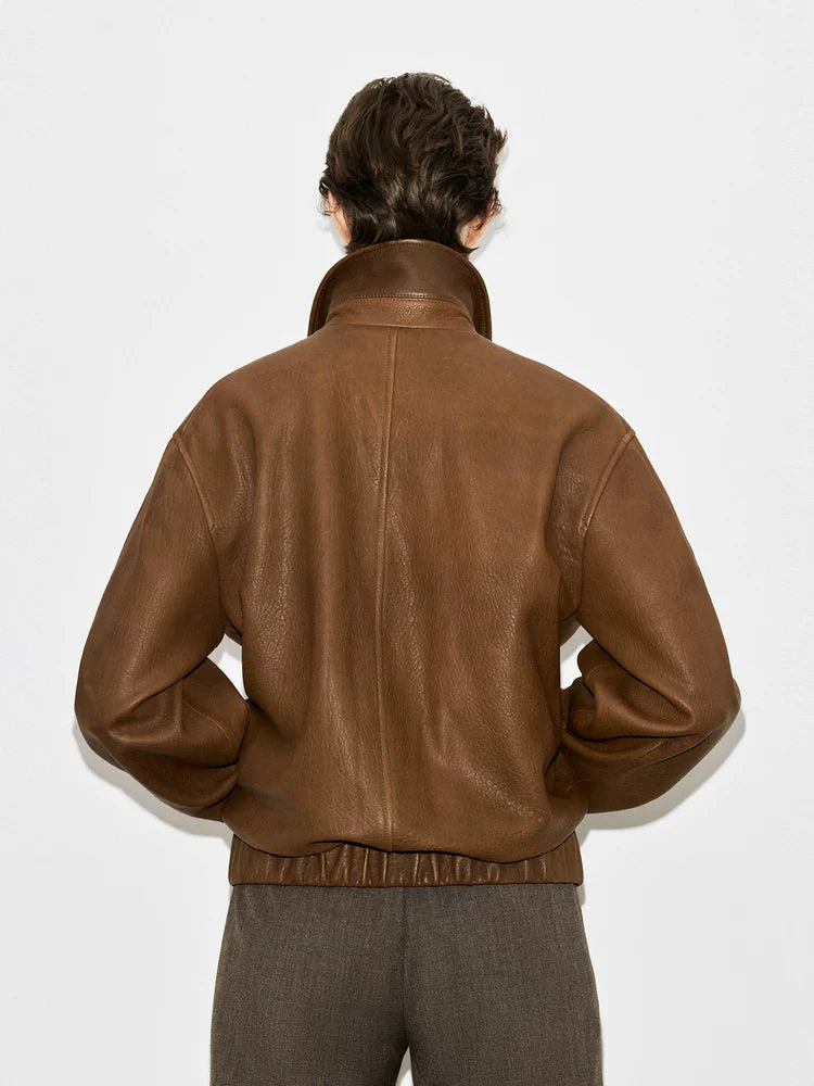 Brown Leather Zip Jacket - Image 3