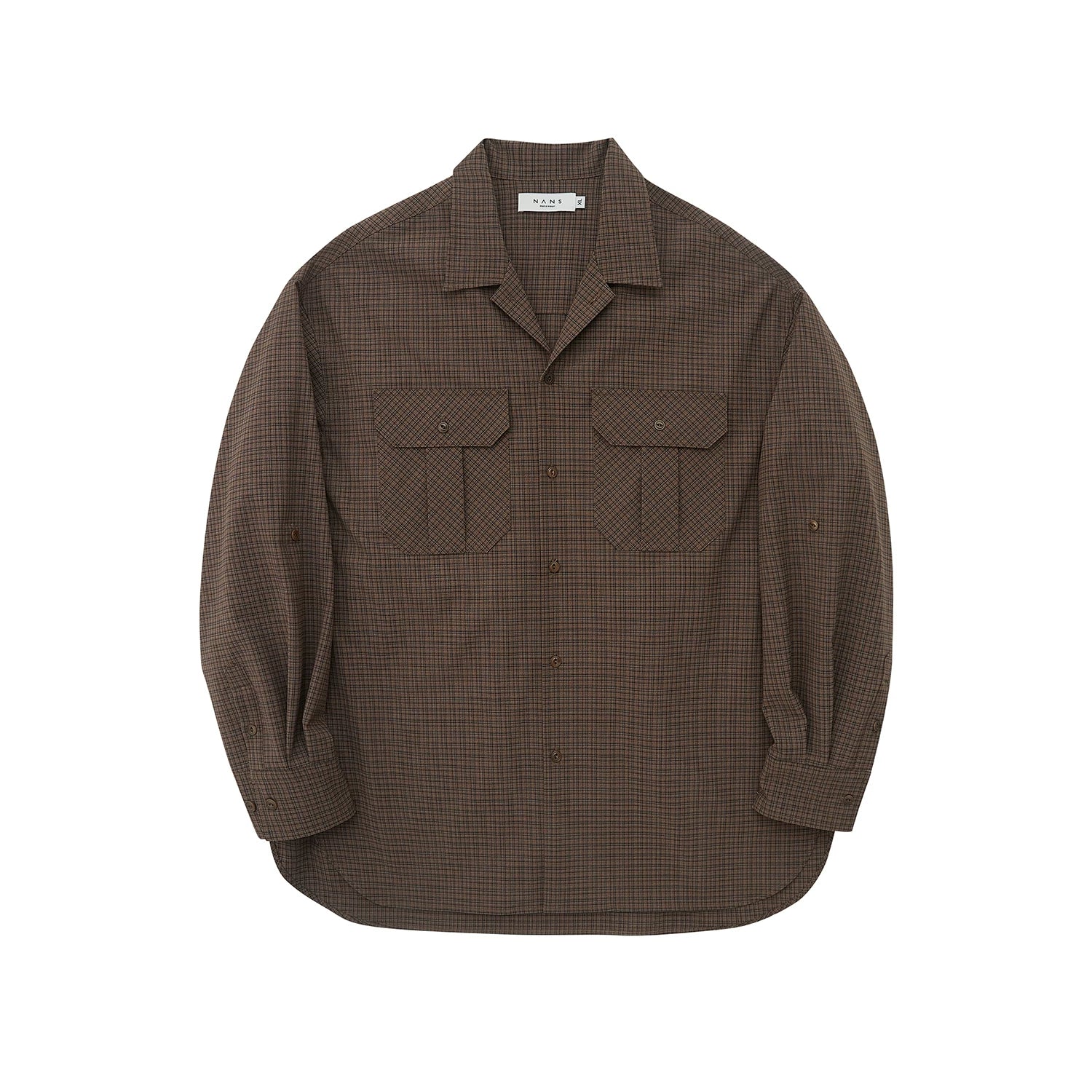 Brown Micro-Check Cuban Collar Shirt Jacket - Image 2