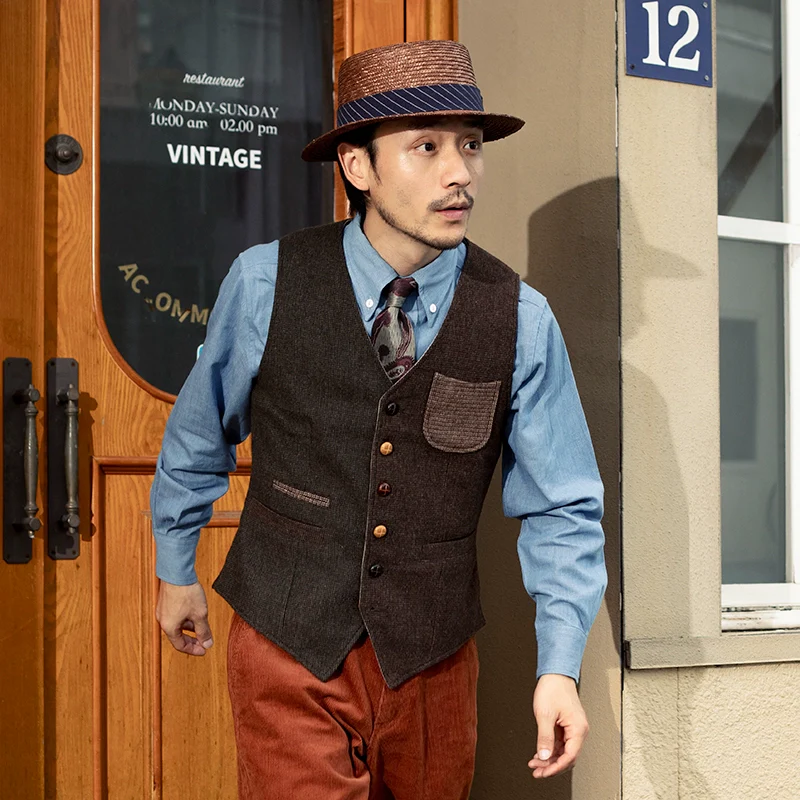 Brown Tweed Contrast-Pocket Waistcoat - Image 7