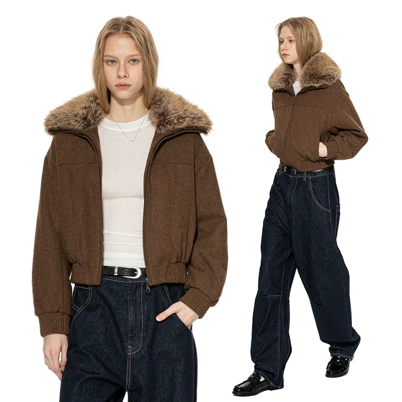 Brown Woolen Faux Fur Collar Jacket - Image 2