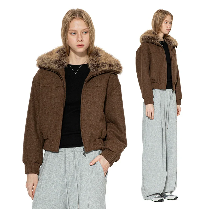 Brown Woolen Faux Fur Collar Jacket - Image 4