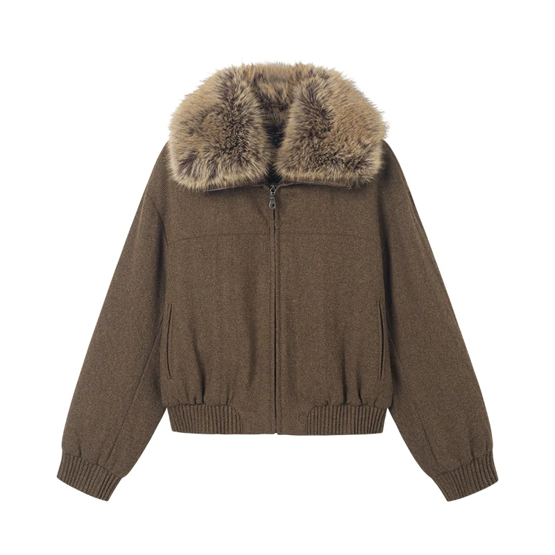 Brown Woolen Faux Fur Collar Jacket - Image 7