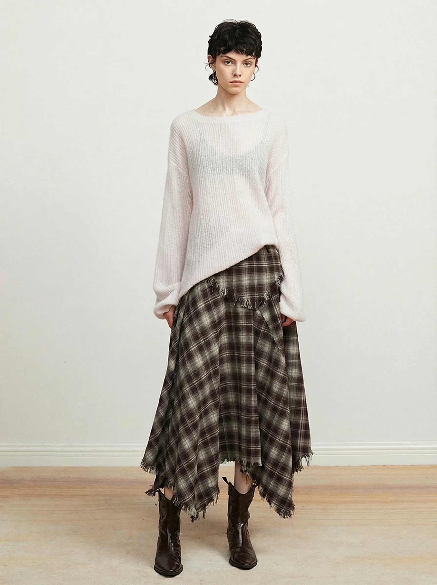 Brushed Plaid Handkerchief Midi Skirt - Image 6