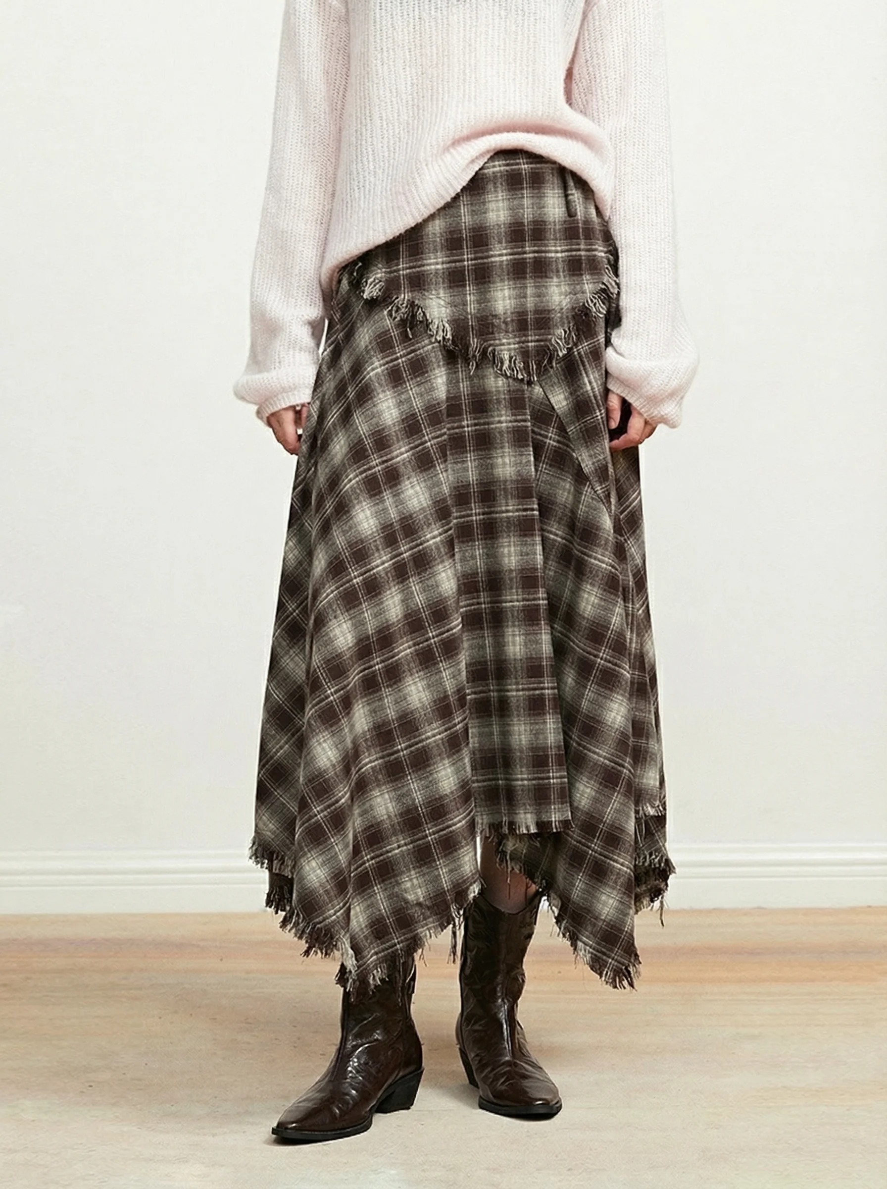 Brushed Plaid Handkerchief Midi Skirt - Image 8
