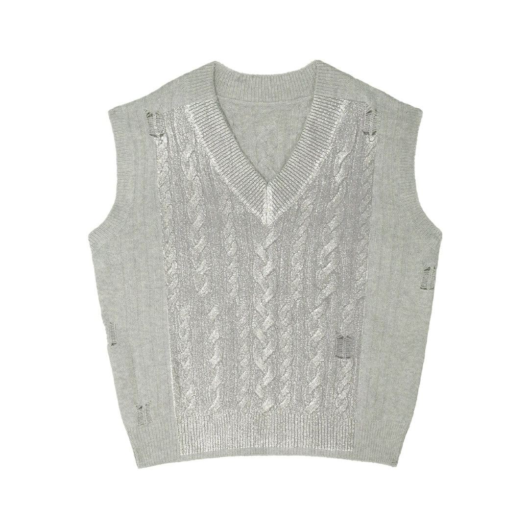 Brushed Silver Cable-Knit V-Neck Vest - Image 6