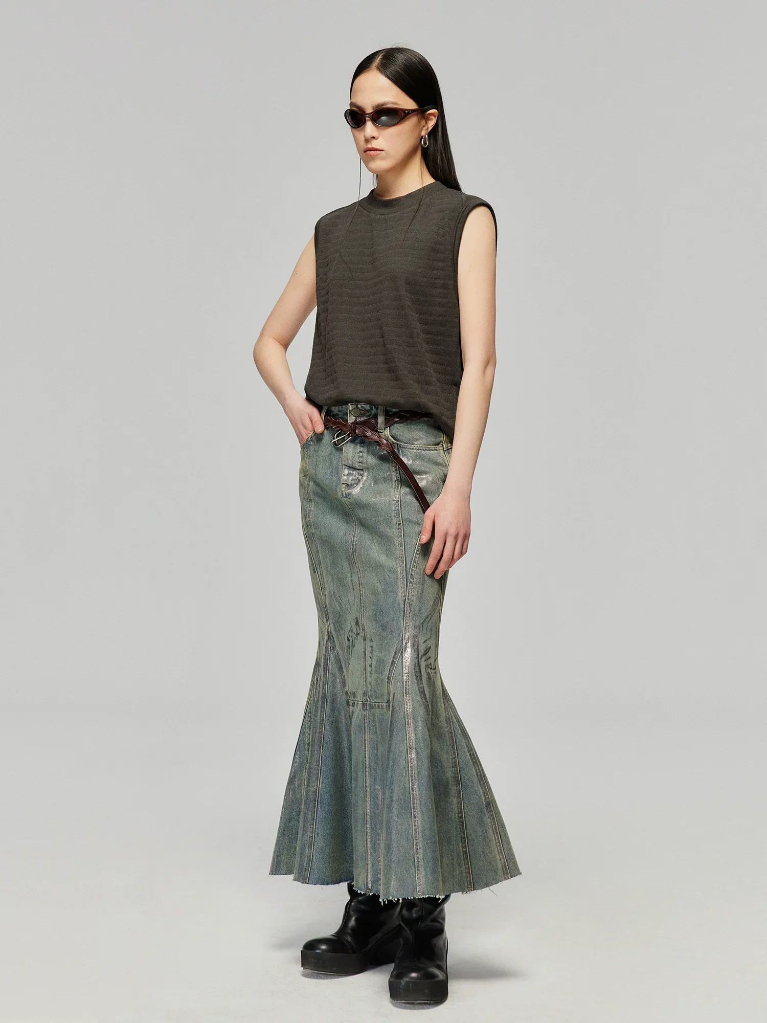 Brushed Silver Denim Mermaid Skirt - Image 2