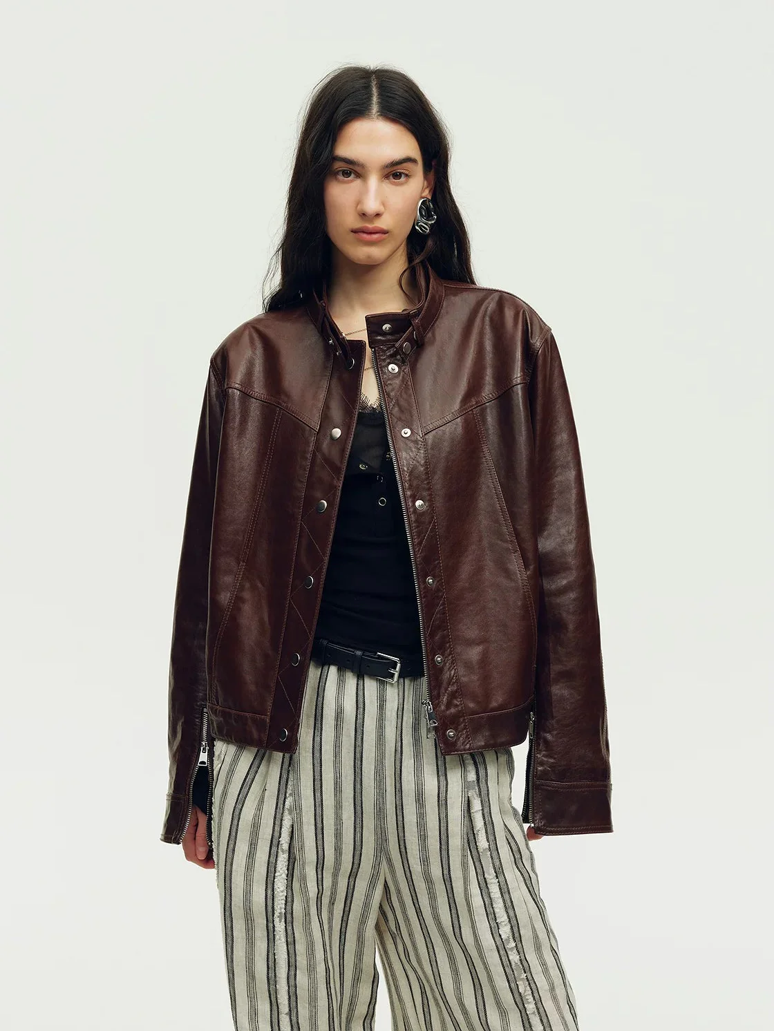 Buckle Collar Leather Jacket - Image 2
