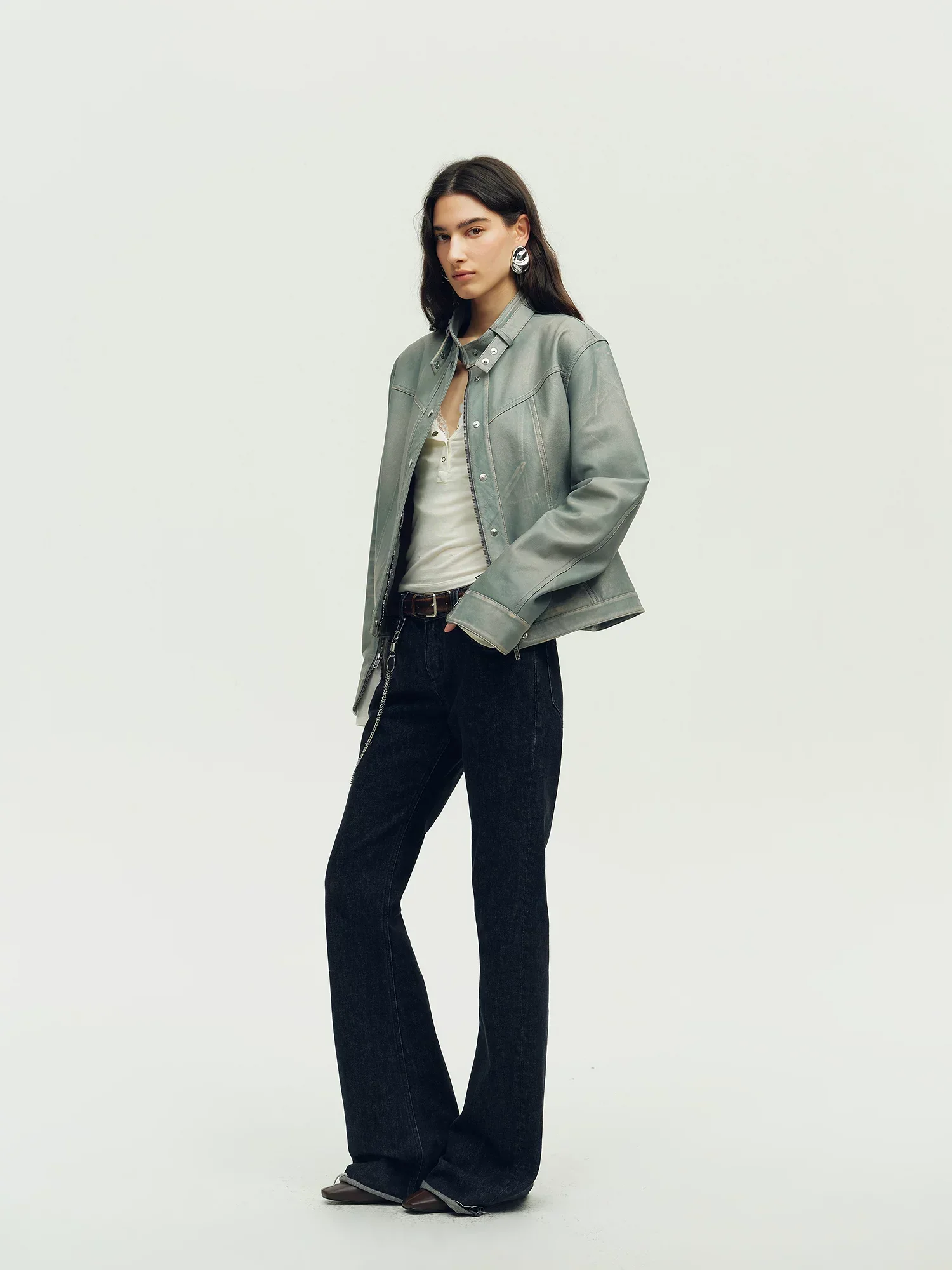 Buckle Collar Leather Jacket - Image 6