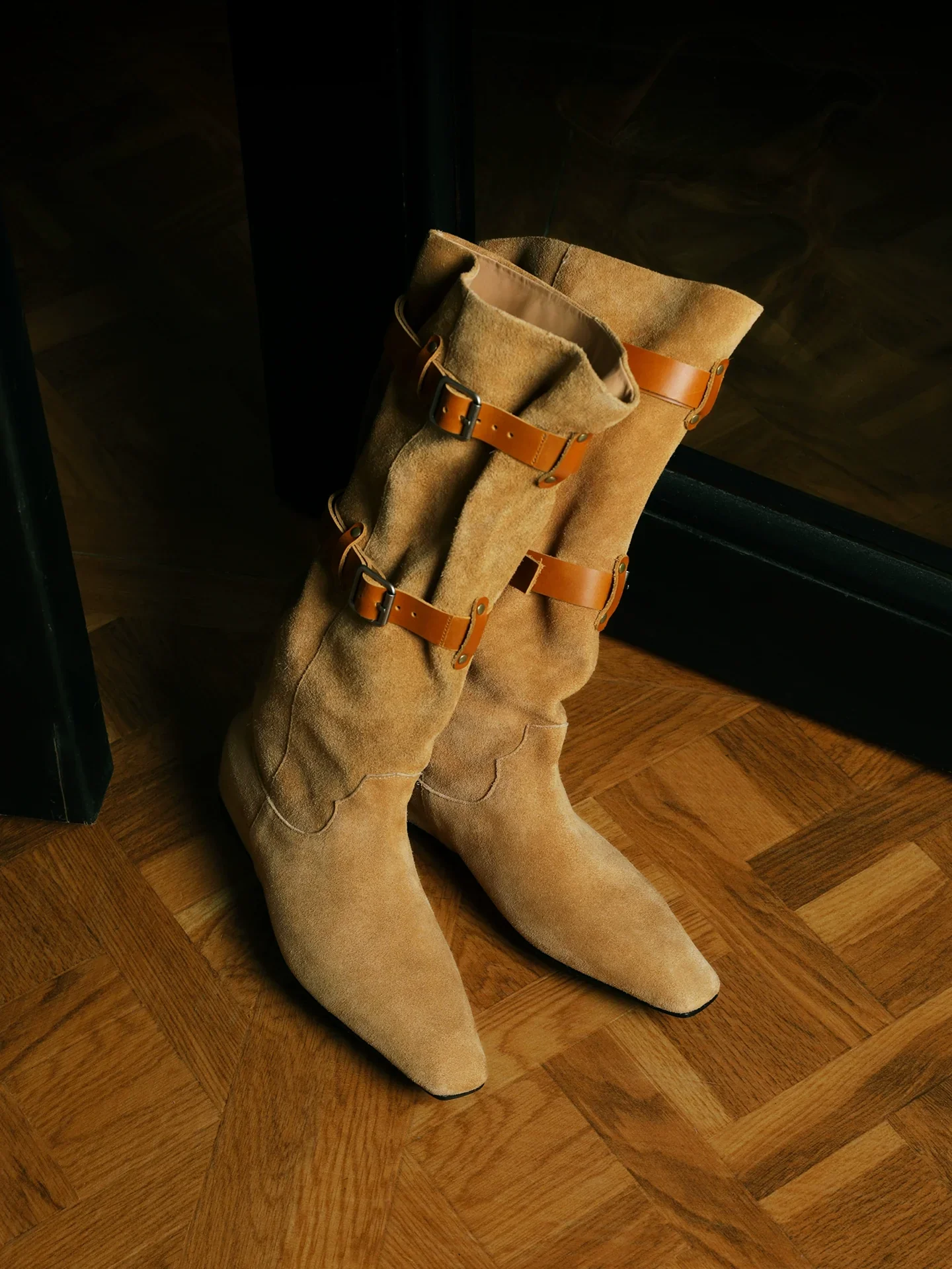 Buckled Suede Slouch Boots