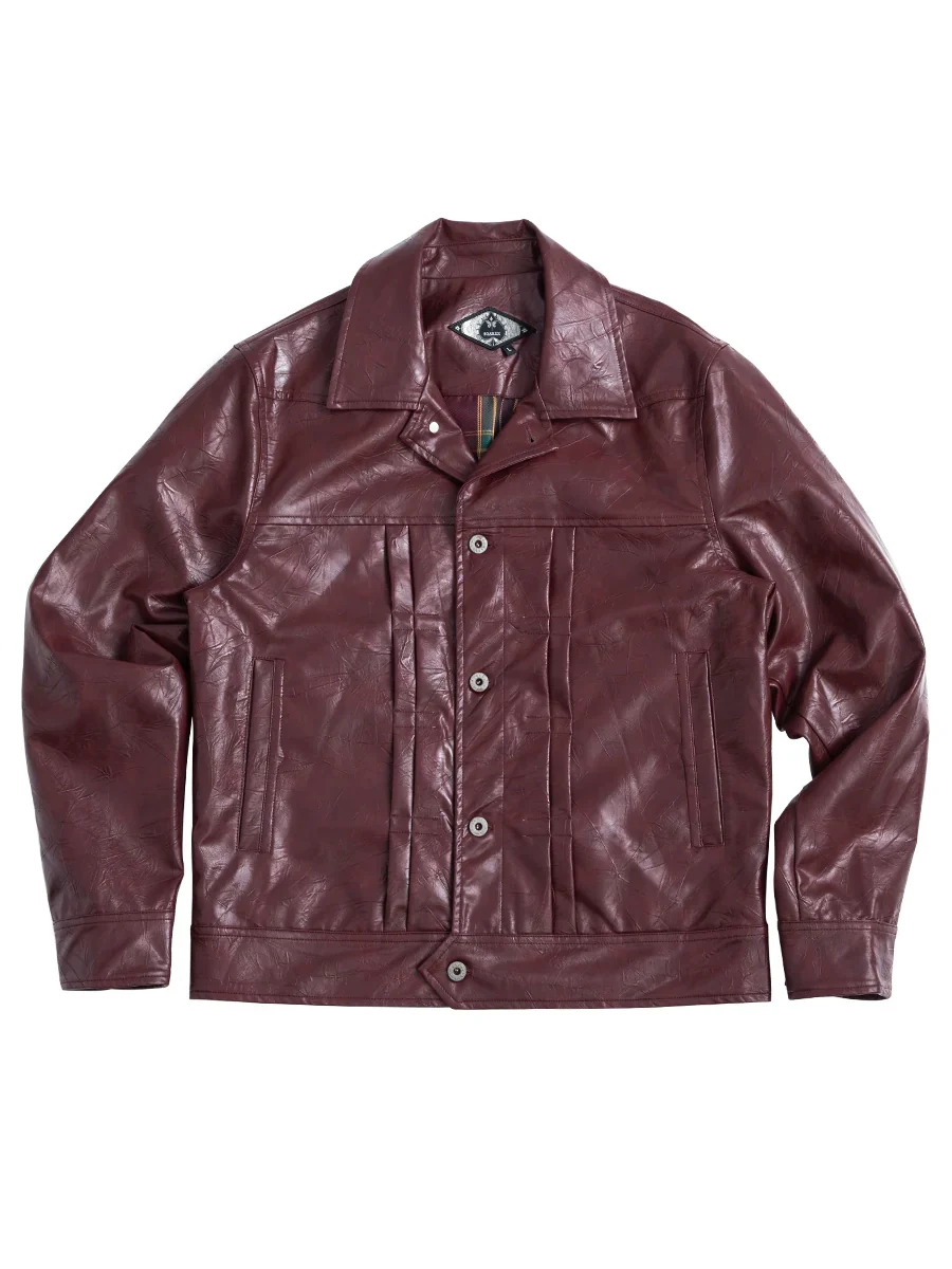 Burgundy Snap-Front Faux Leather Jacket - Image 3