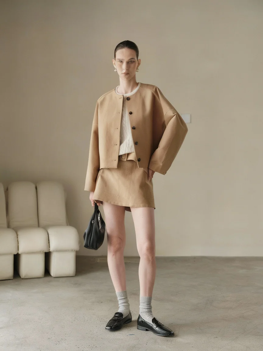 Camel Cropped Jacket & Belted Mini Skirt Set - Image 2
