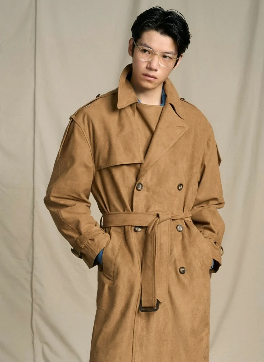 Camel Faux Suede Double-Breasted Trench Coat - Image 2