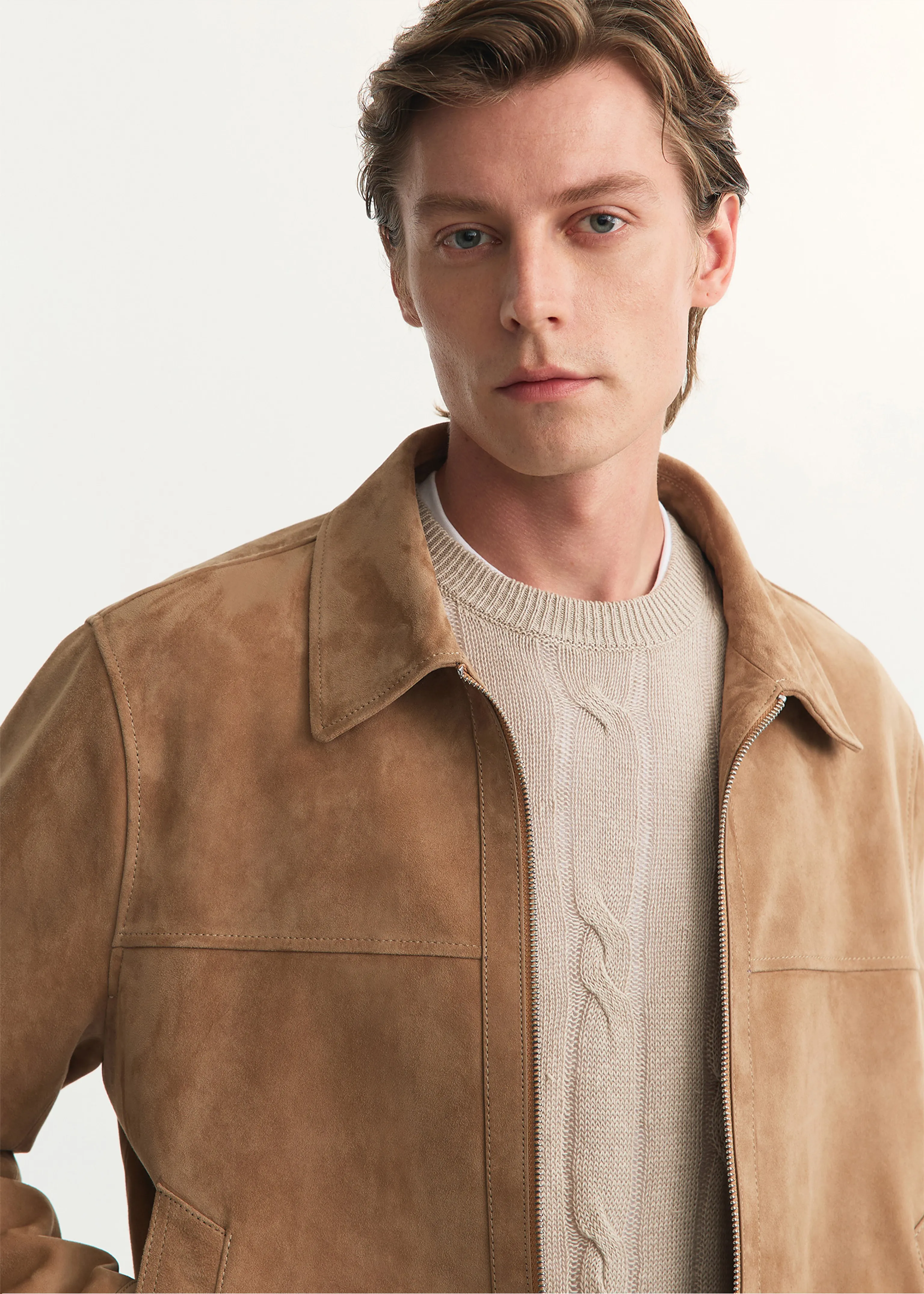 Camel Lambskin Suede Zip Jacket