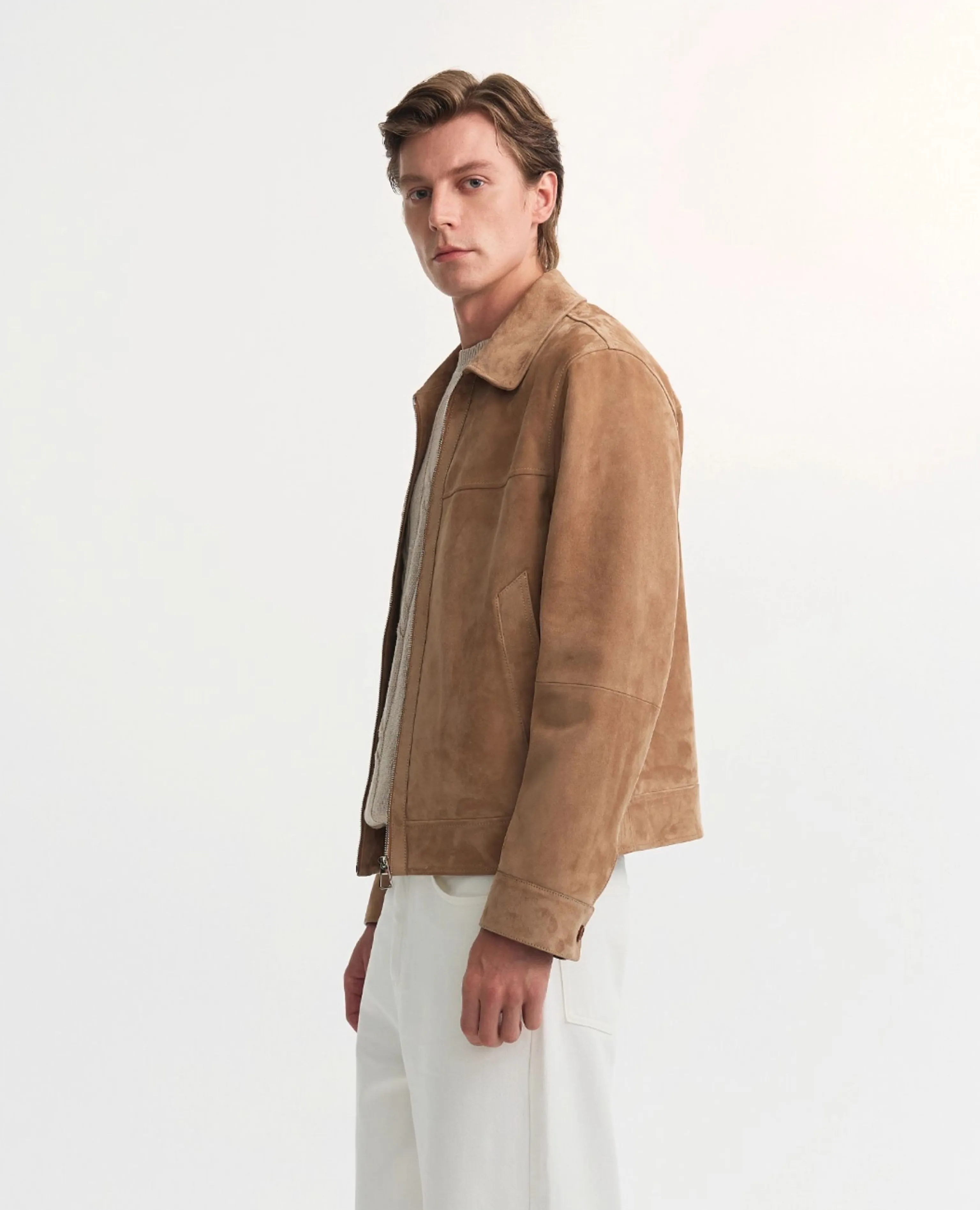 Camel Lambskin Suede Zip Jacket - Image 2