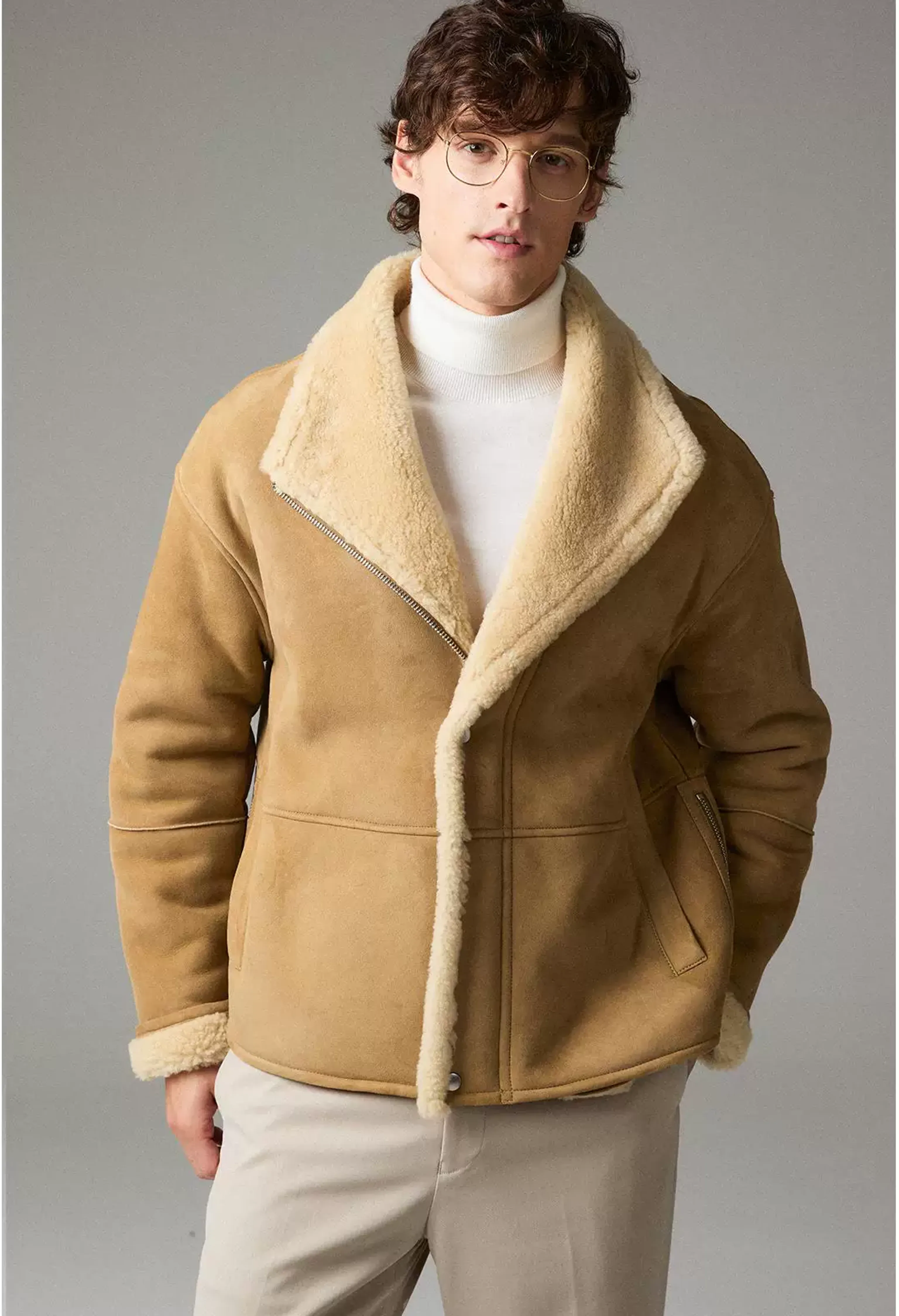 Camel Shearling Shawl-Collar Jacket - Image 3