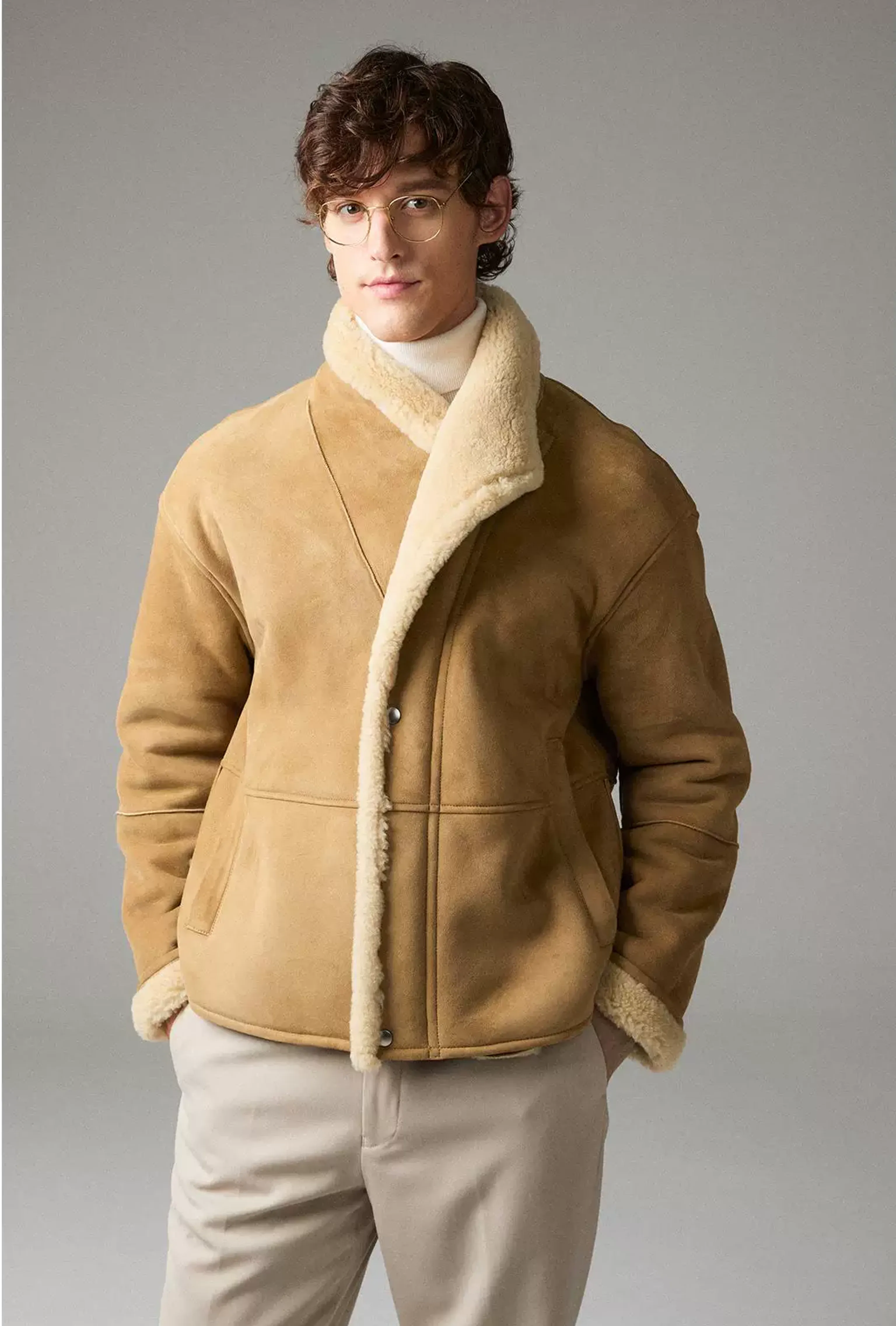 Camel Shearling Shawl-Collar Jacket - Image 5
