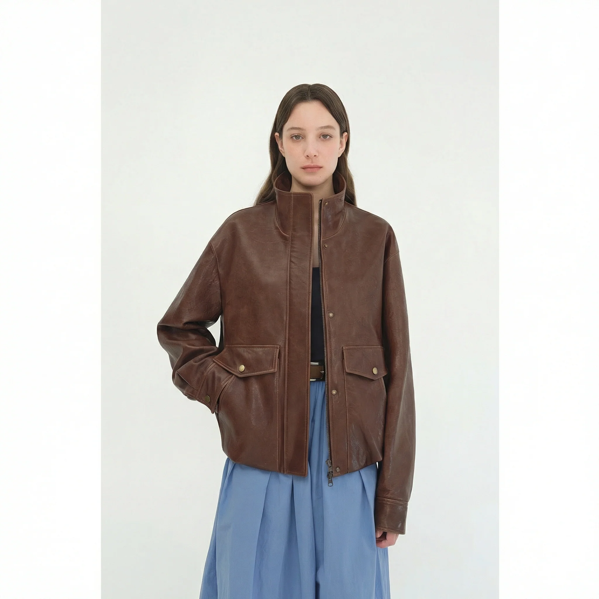 Canyon Sunset Waxy Stand-Collar Leather Jacket - Image 2