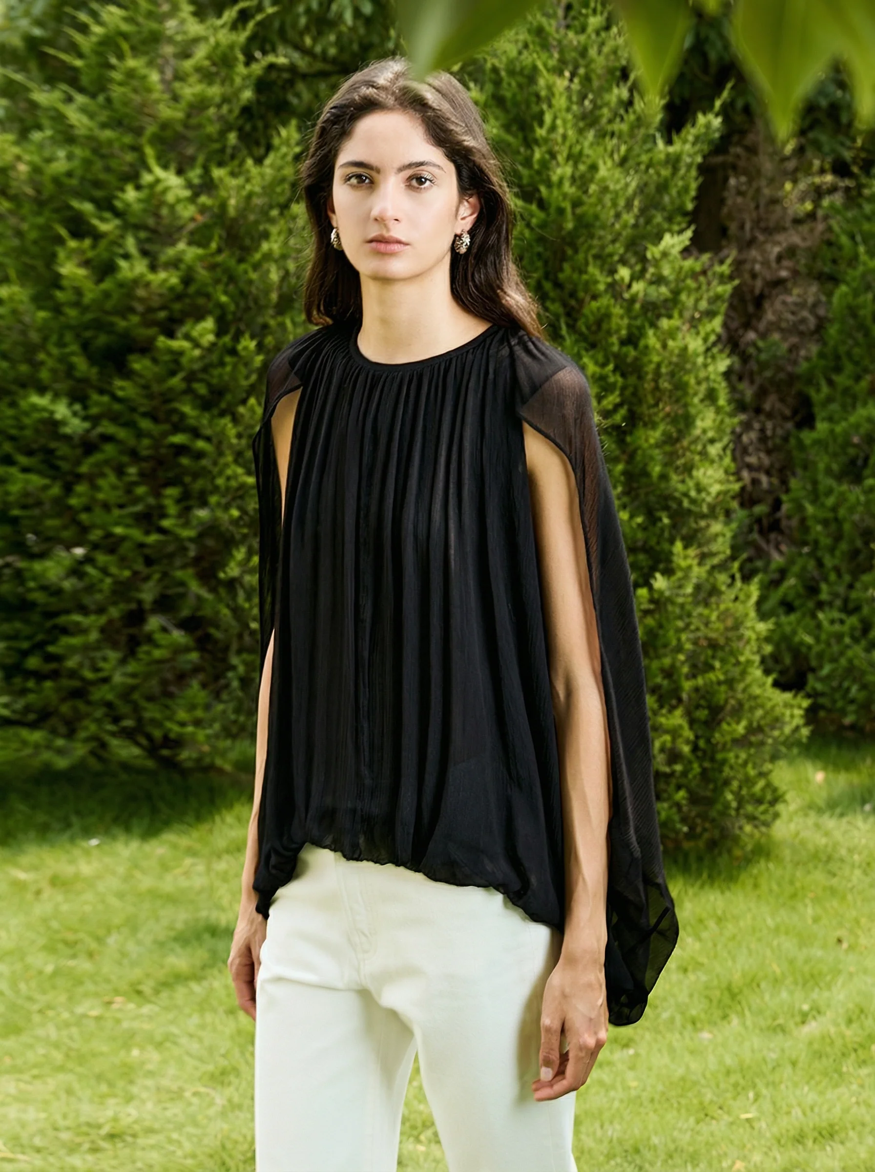 Cape Sleeve Round-Neck Blouson Top - Image 4