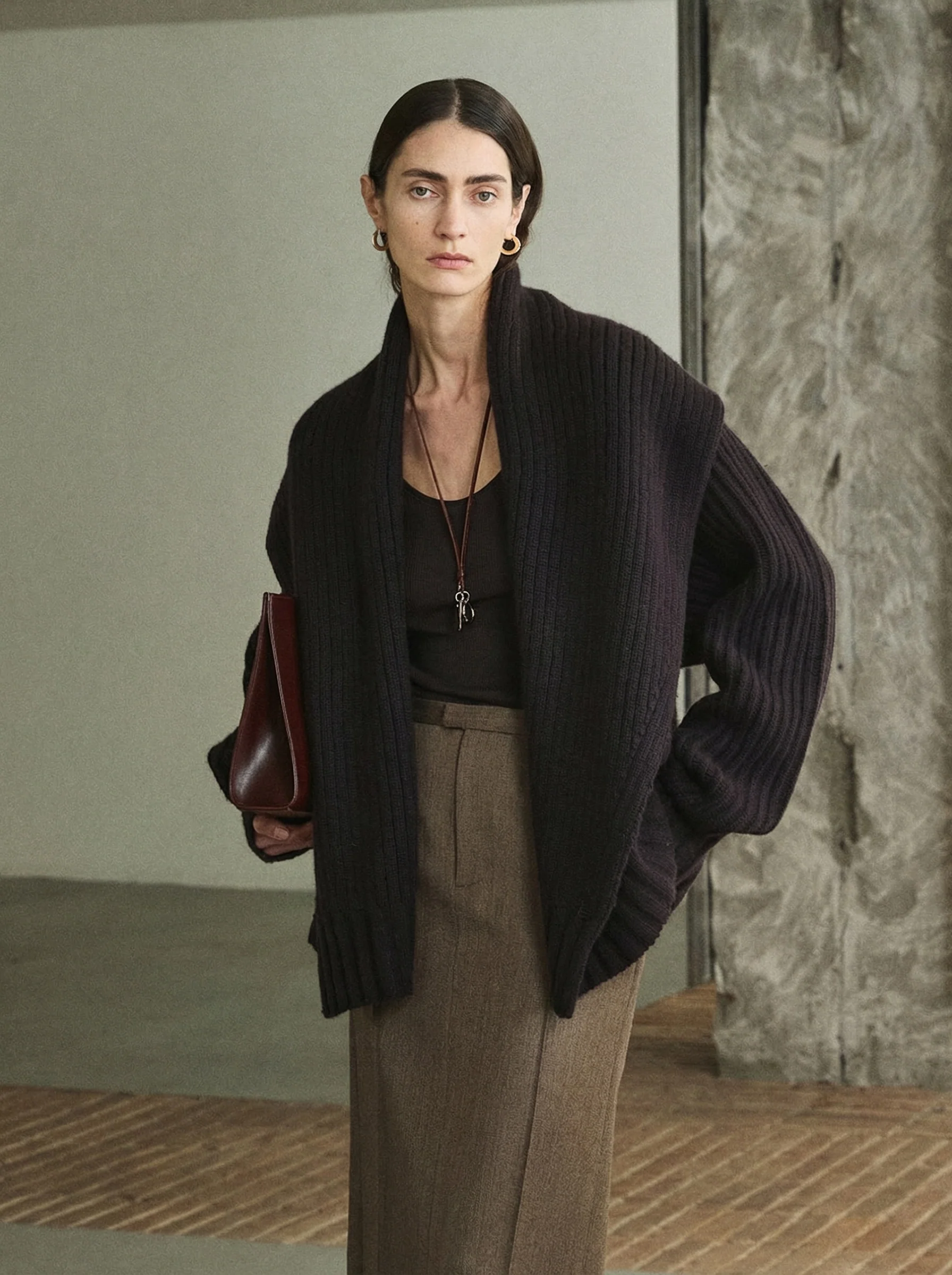 Cashmere Ribbed Shawl-Collar Wrap Cardigan