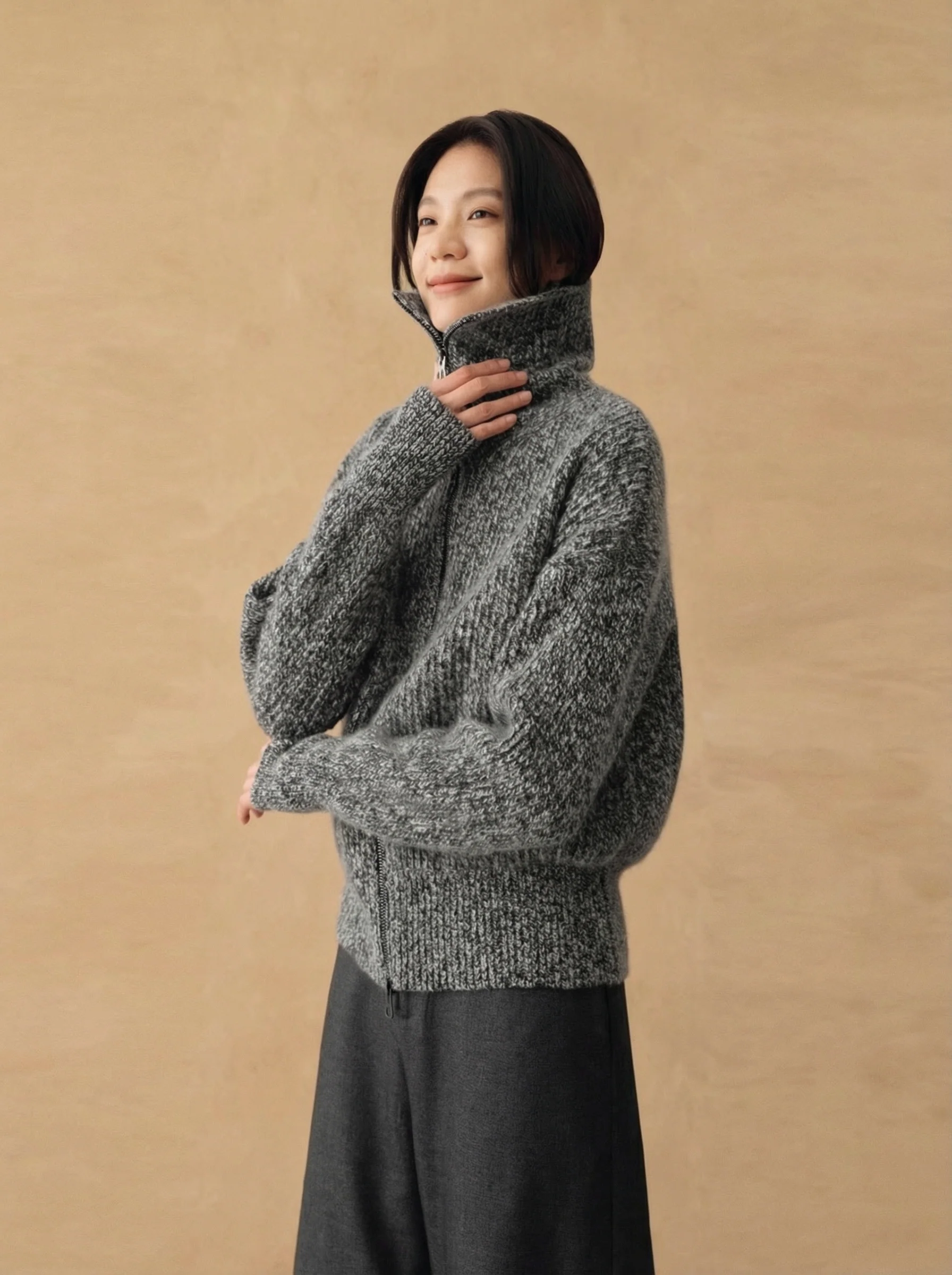 Cashmere Sailor Collar Zip Cardigan