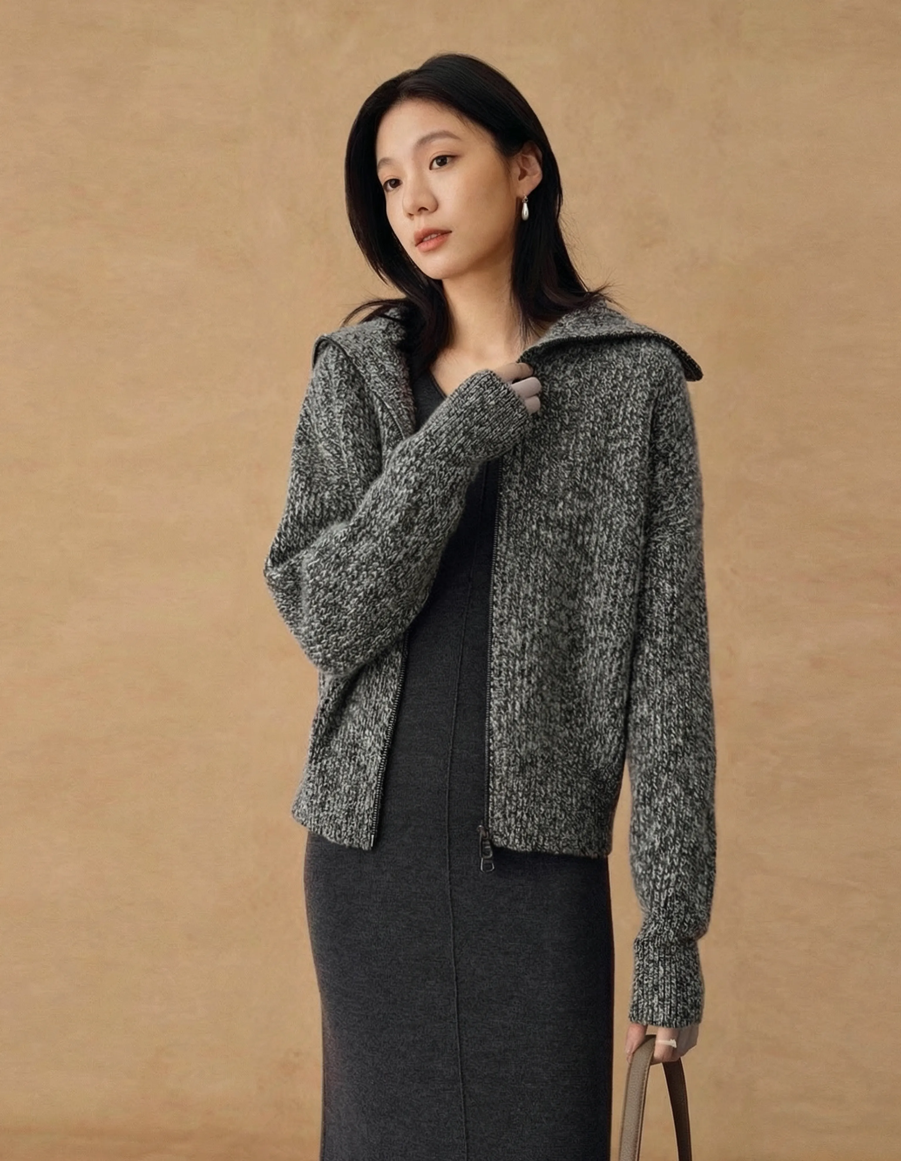 Cashmere Sailor Collar Zip Cardigan - Image 7
