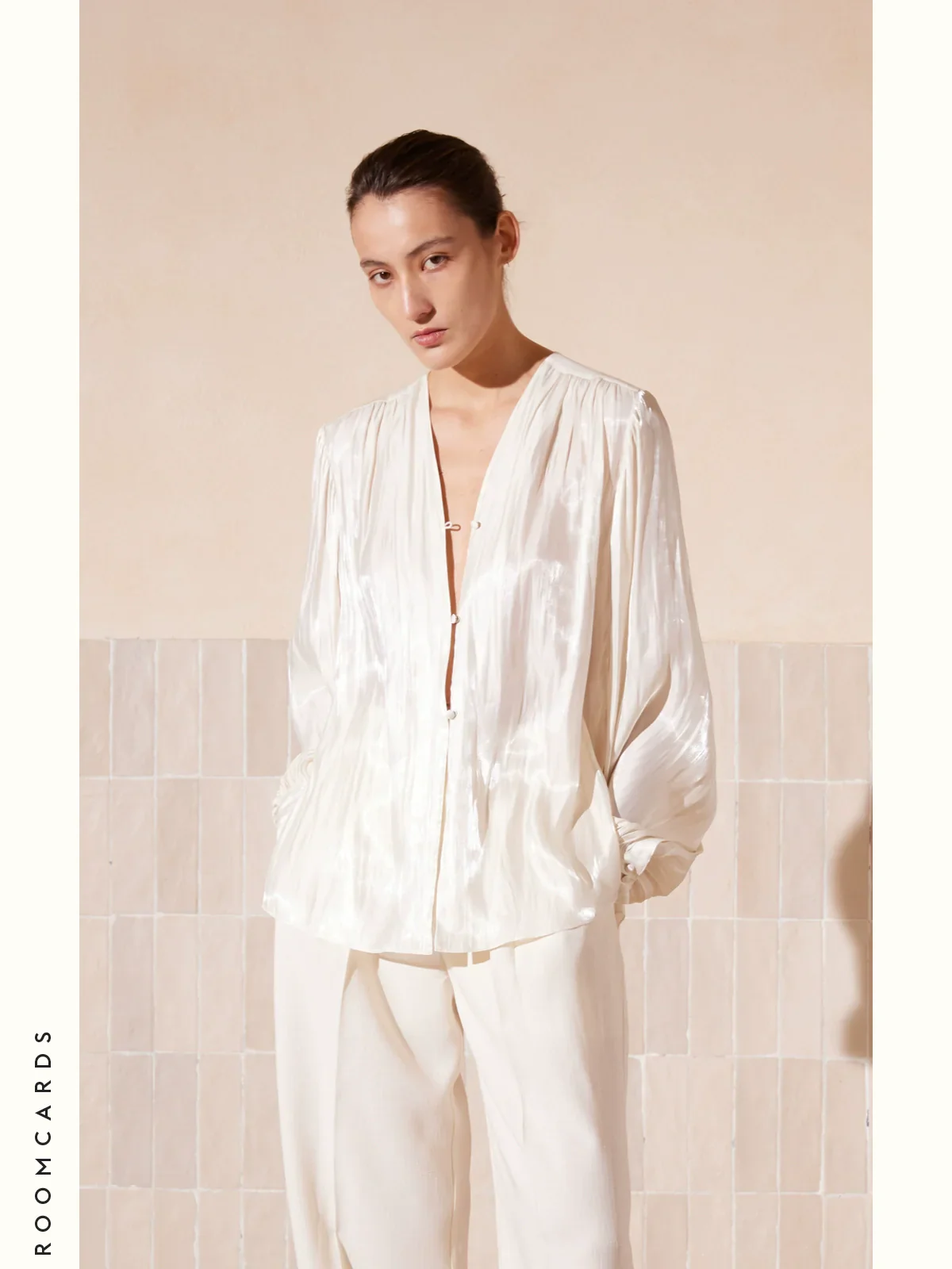 Champagne V-Neck Satin Blouse - Image 2