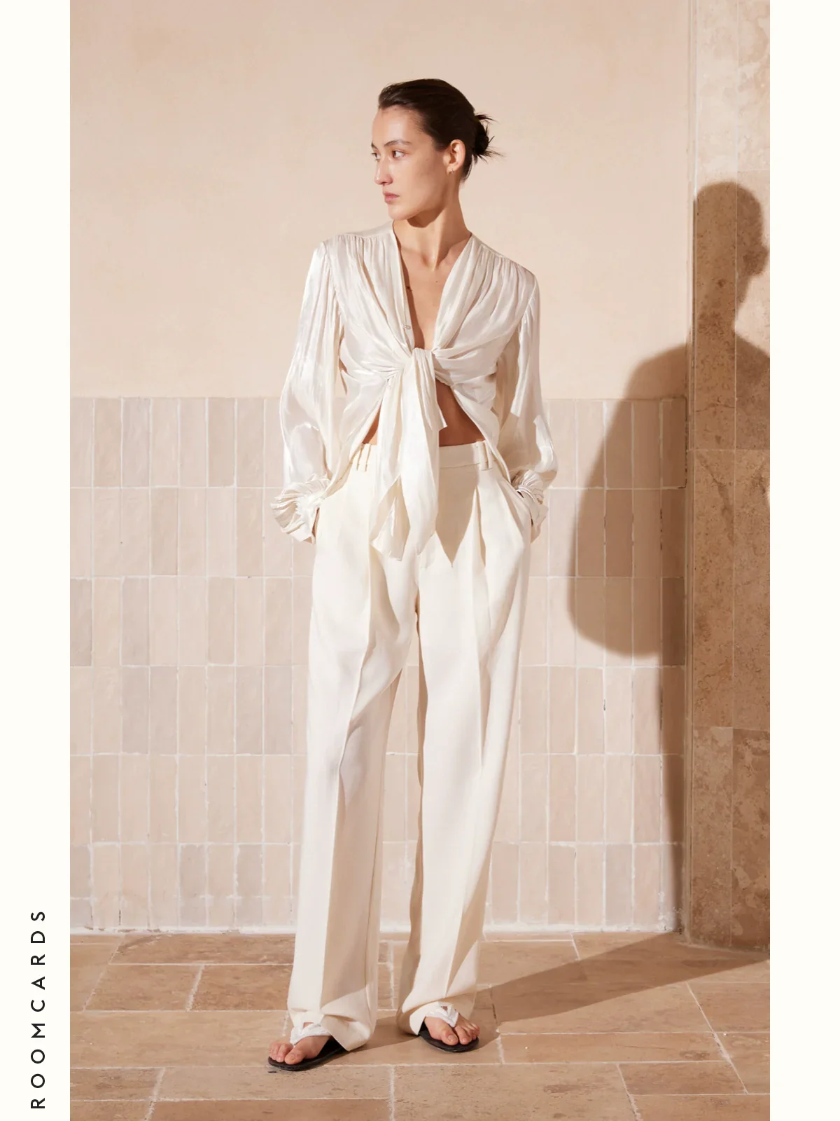 Champagne V-Neck Satin Blouse - Image 4