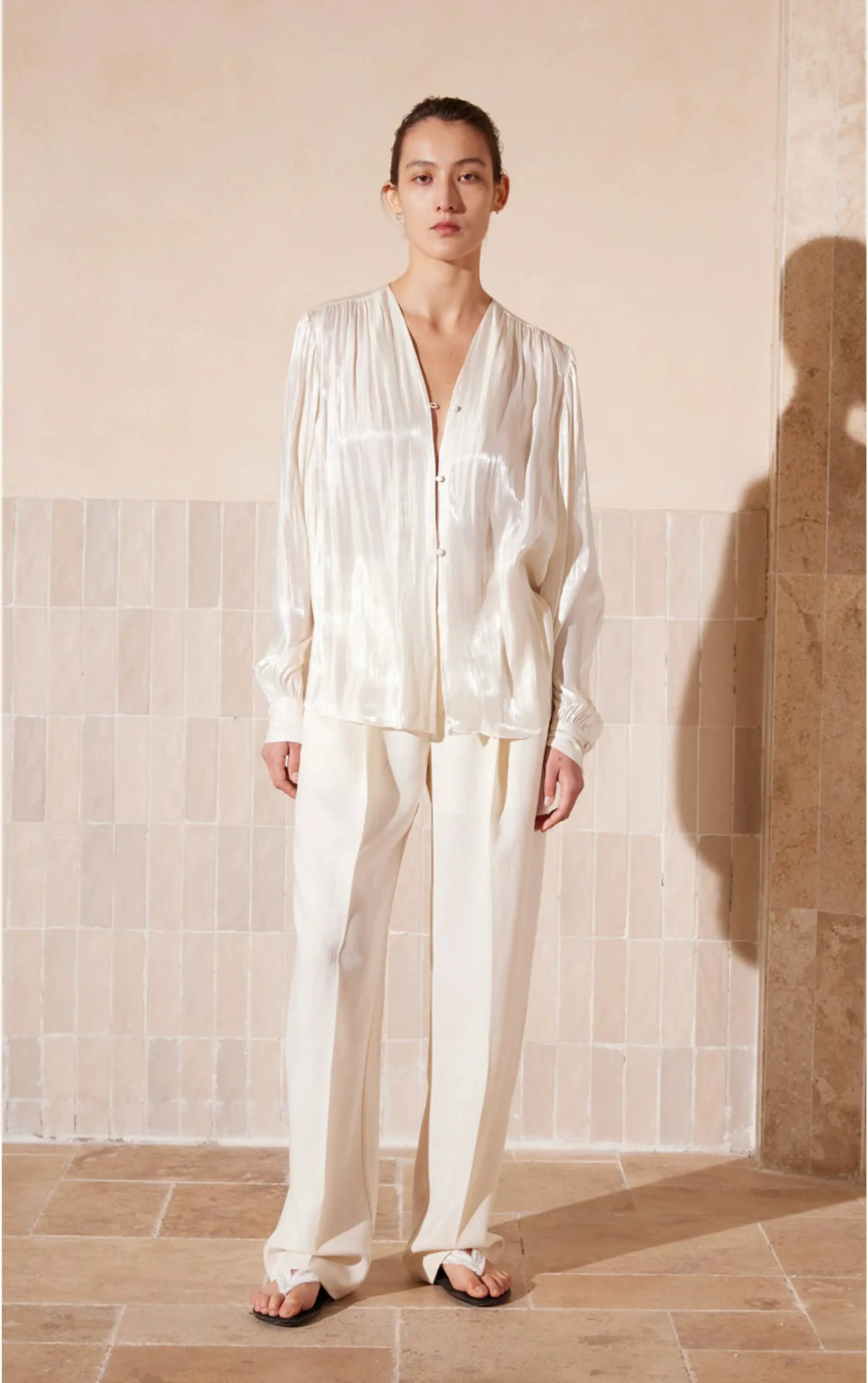 Champagne V-Neck Satin Blouse - Image 6