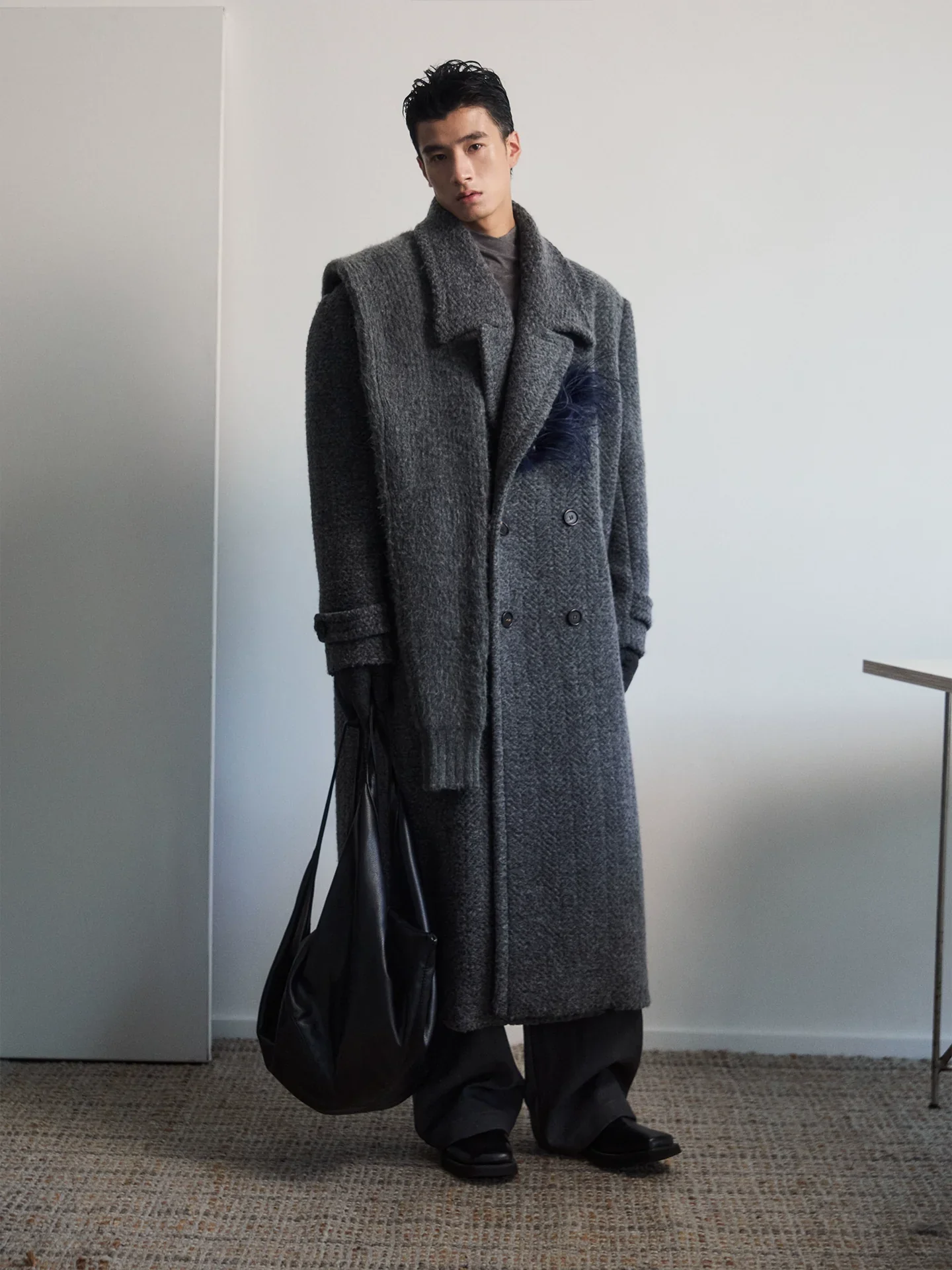 Charcoal Boucle Double-Breasted Overcoat - Image 2