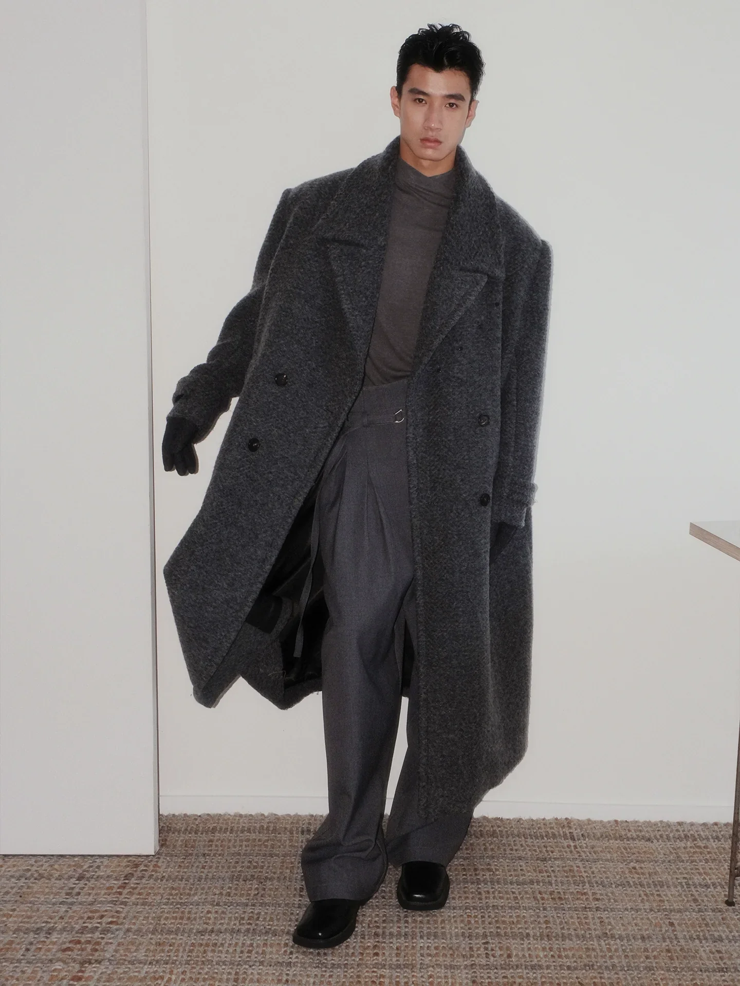 Charcoal Boucle Double-Breasted Overcoat - Image 4