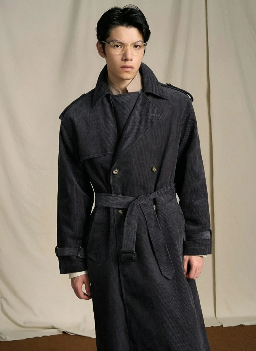 Charcoal Cotton Corduroy Trench Coat - Image 2