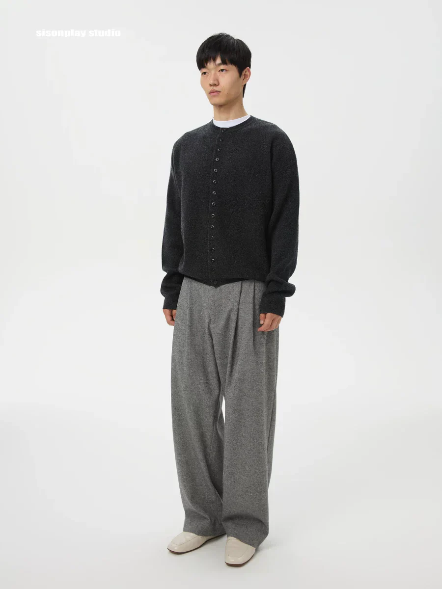 Charcoal Crew-Neck Wool Cardigan