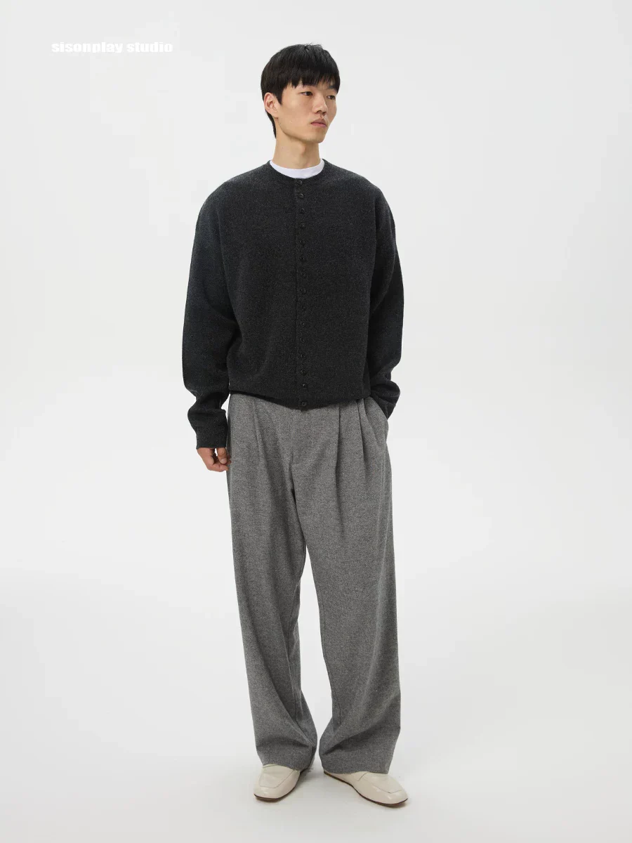 Charcoal Crew-Neck Wool Cardigan - Image 2
