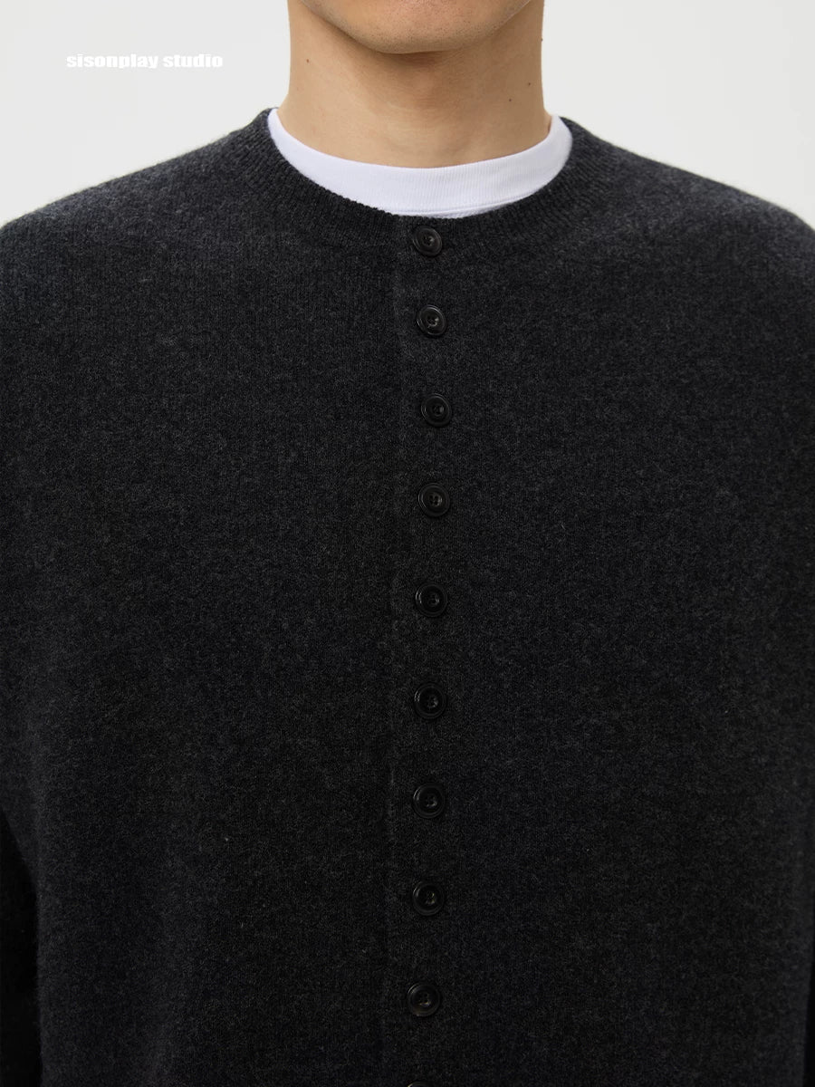 Charcoal Crew-Neck Wool Cardigan - Image 4