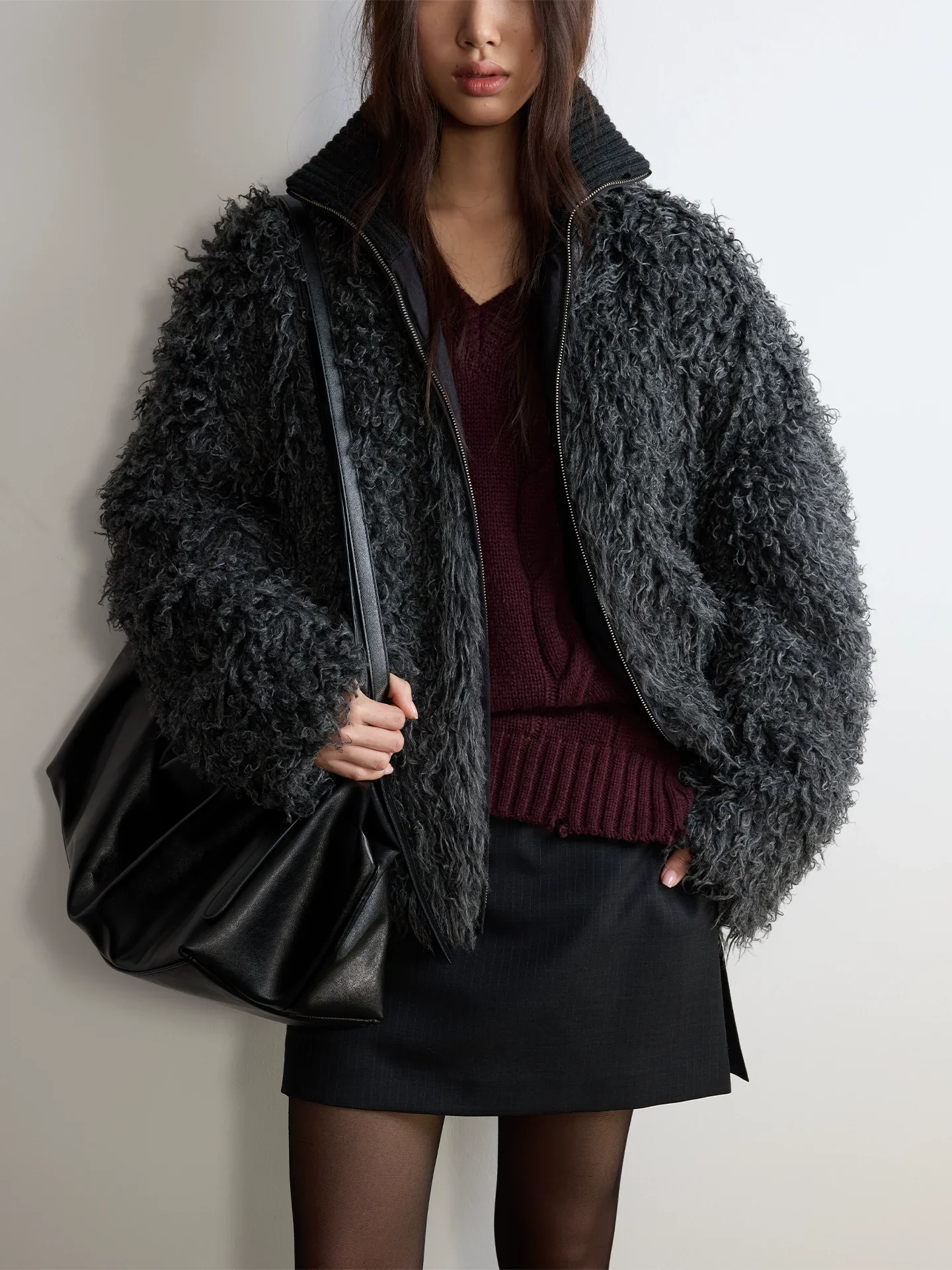 Charcoal Curly Pile Stand Collar Jacket - Image 3