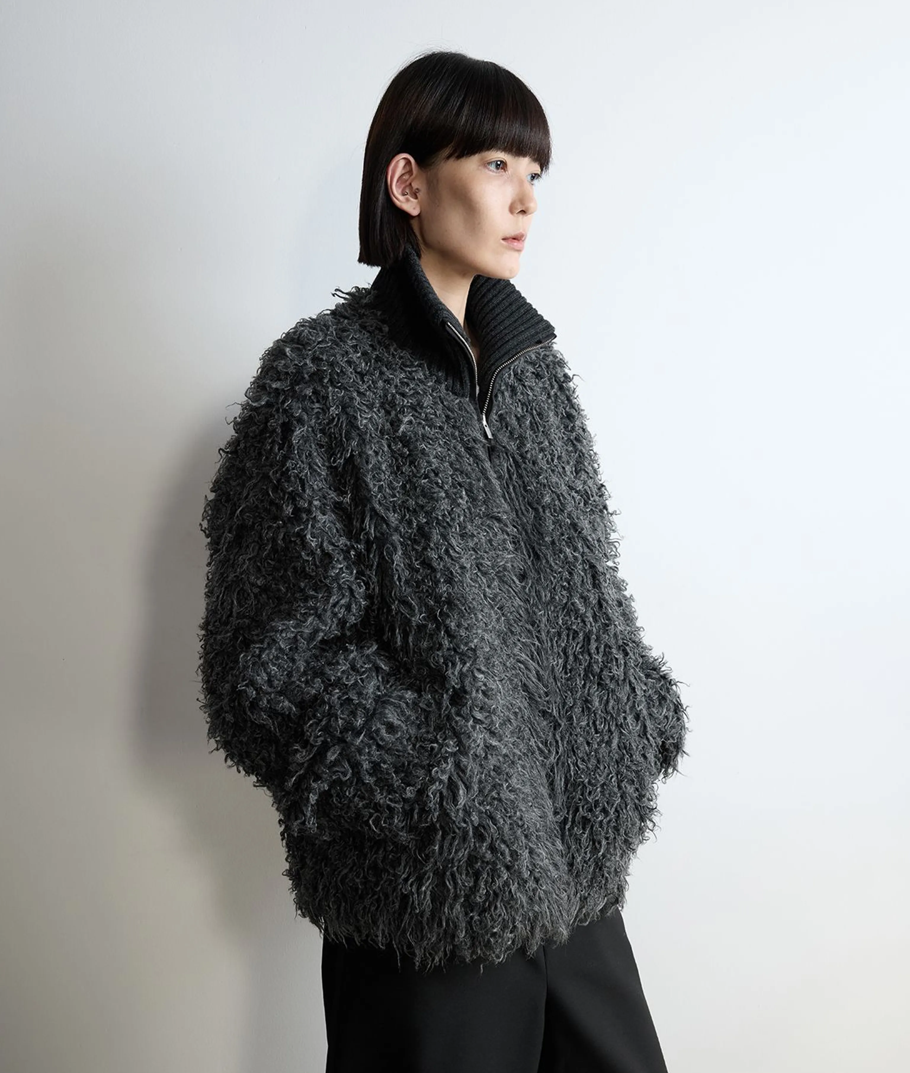 Charcoal Curly Pile Stand Collar Jacket - Image 5