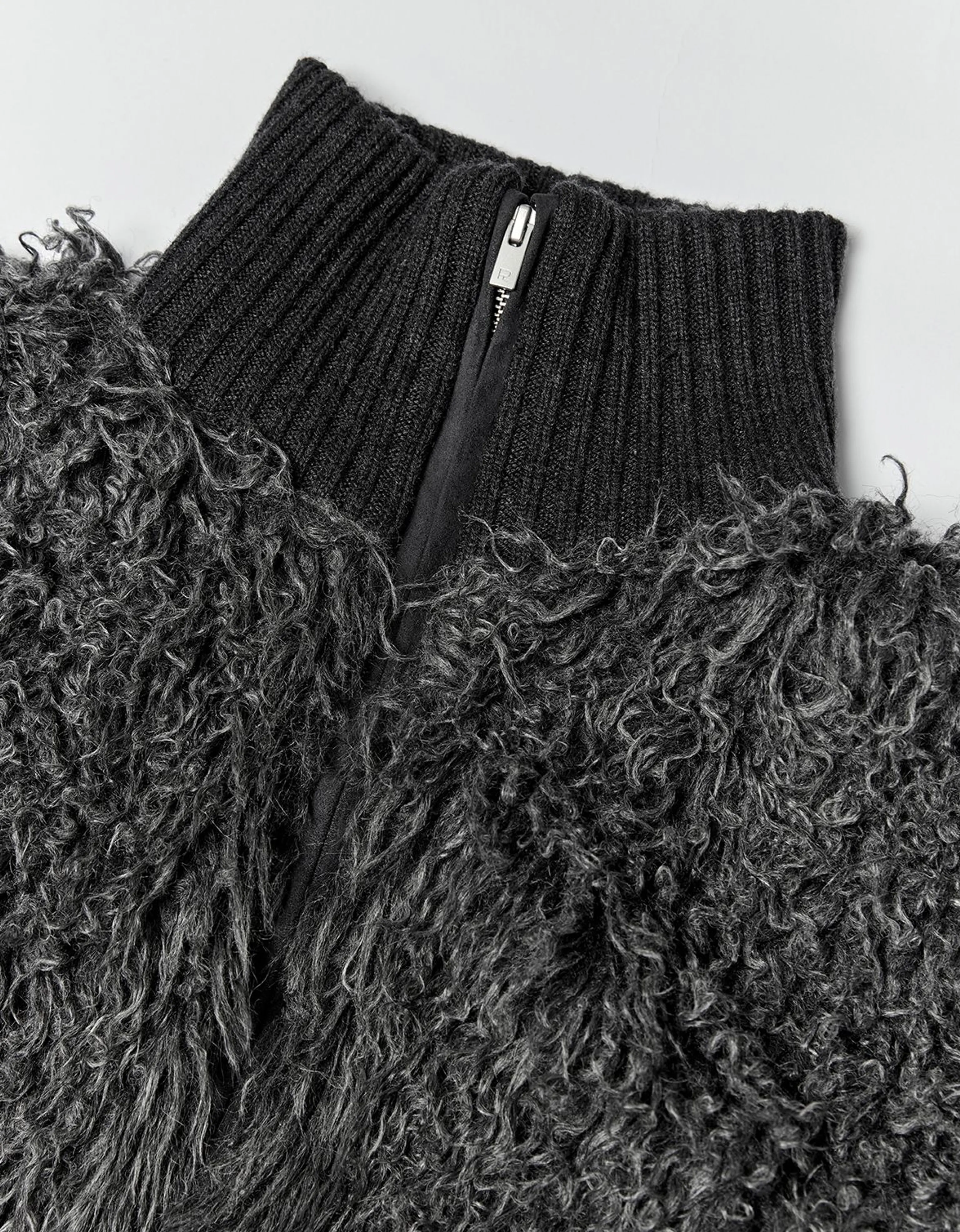 Charcoal Curly Pile Stand Collar Jacket - Image 6