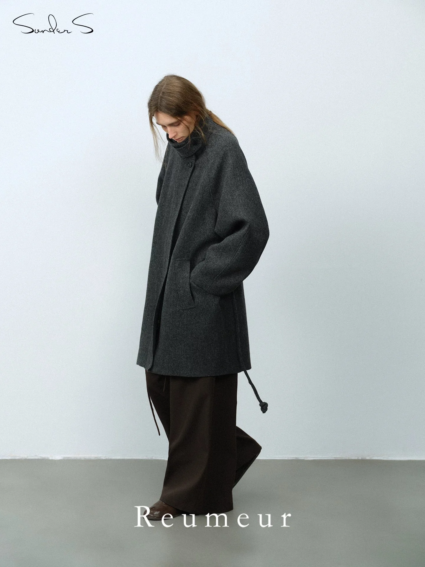 Charcoal Funnel-Collar Merino Wool Coat - Image 3