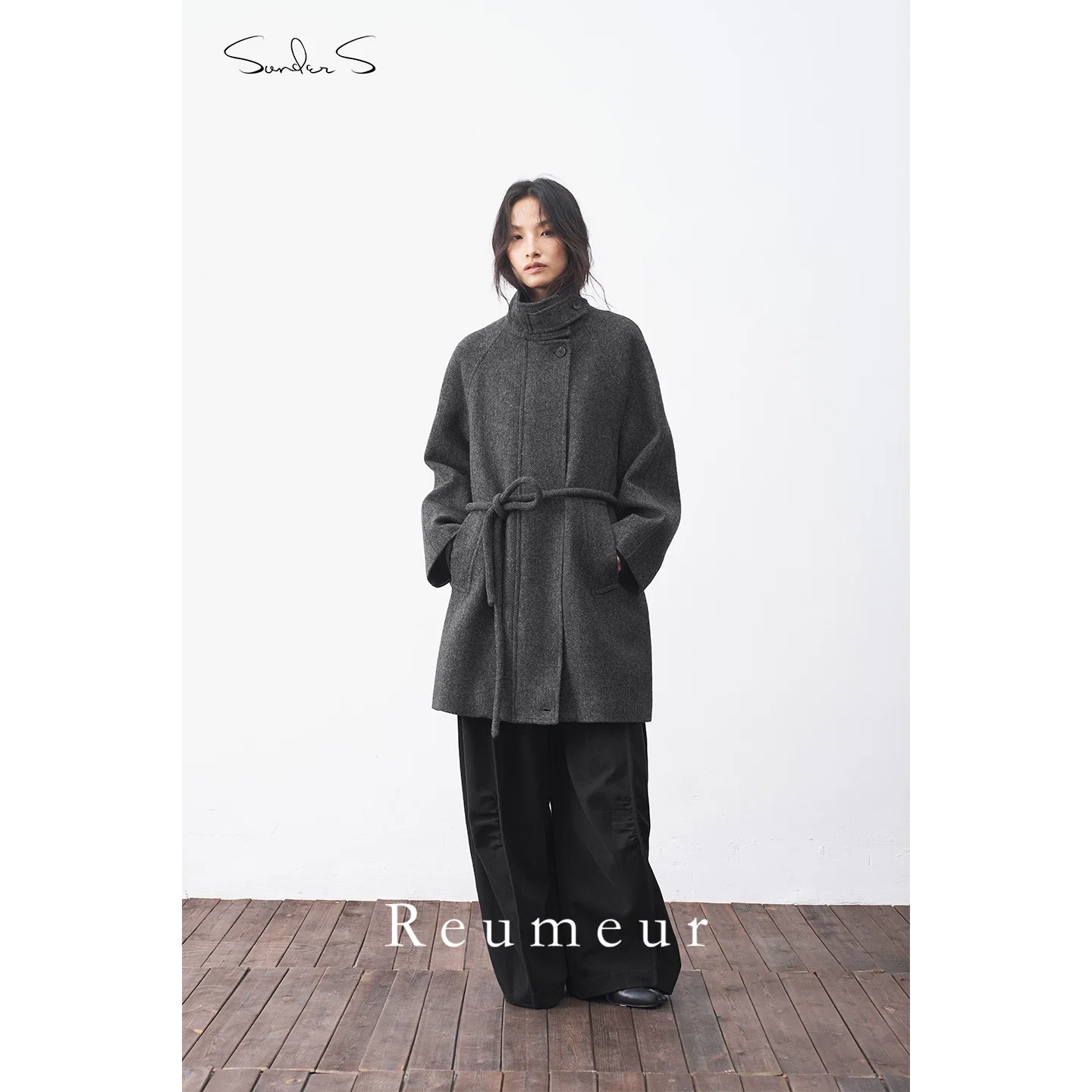 Charcoal Funnel-Collar Merino Wool Coat - Image 4