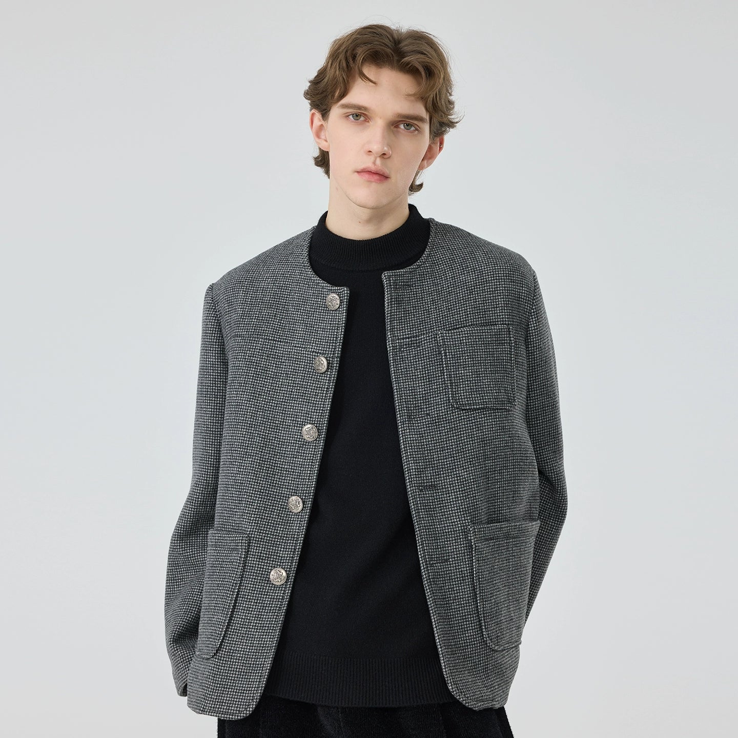 Charcoal Micro-Houndstooth Collarless Jacket - Image 8