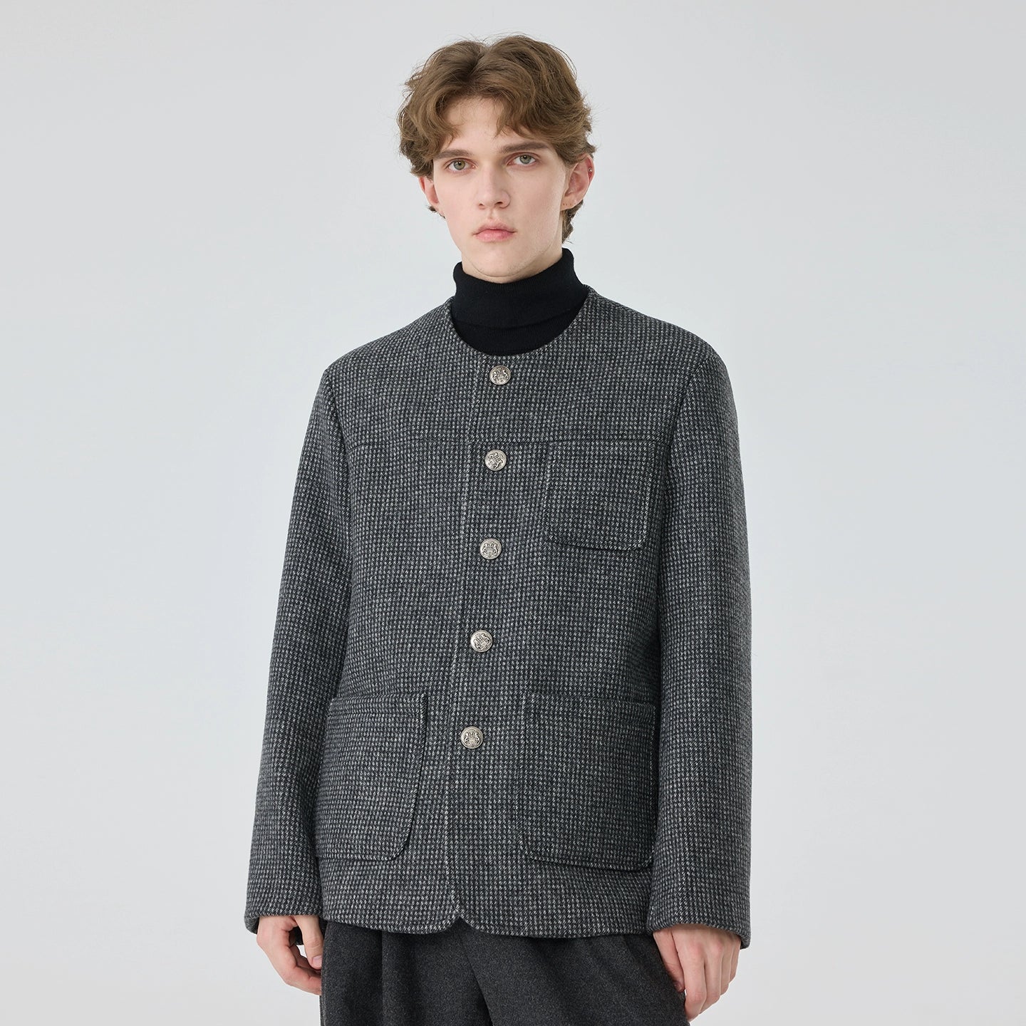 Charcoal Micro-Houndstooth Collarless Jacket - Image 9