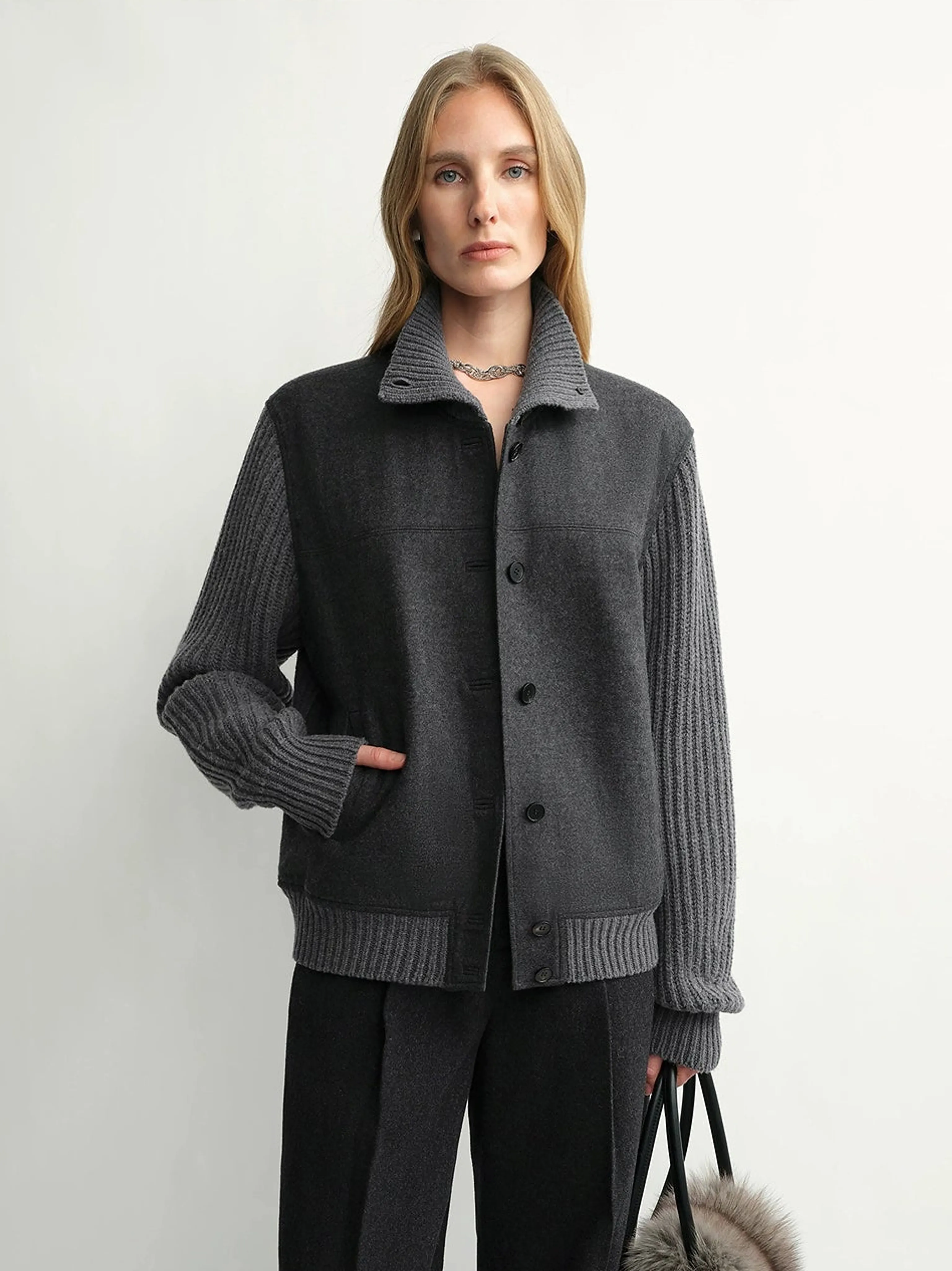 Charcoal Mixed-Media Stand-Collar Jacket - Image 4