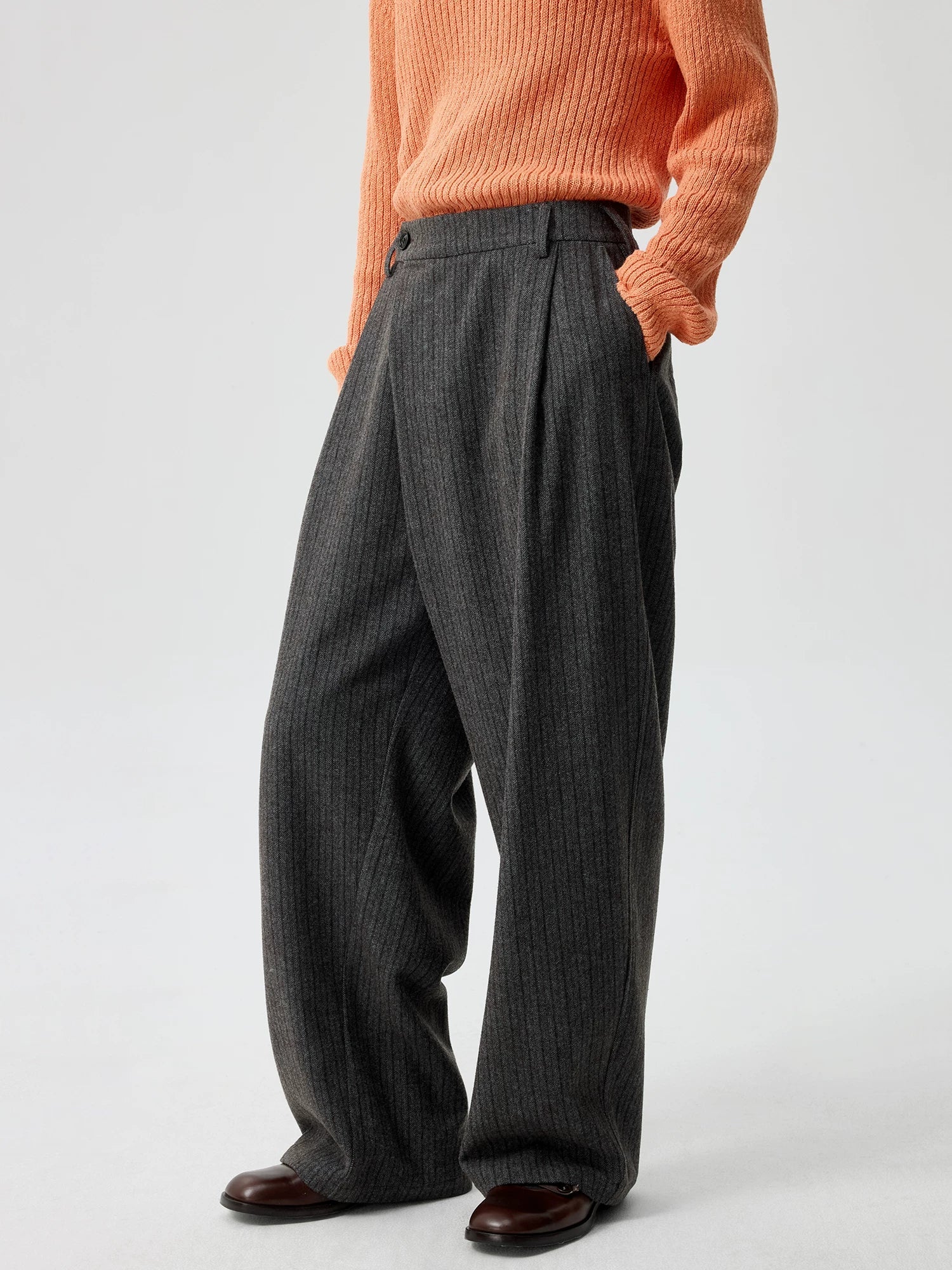 Charcoal Pinstripe Wide-Leg Trousers - Image 4
